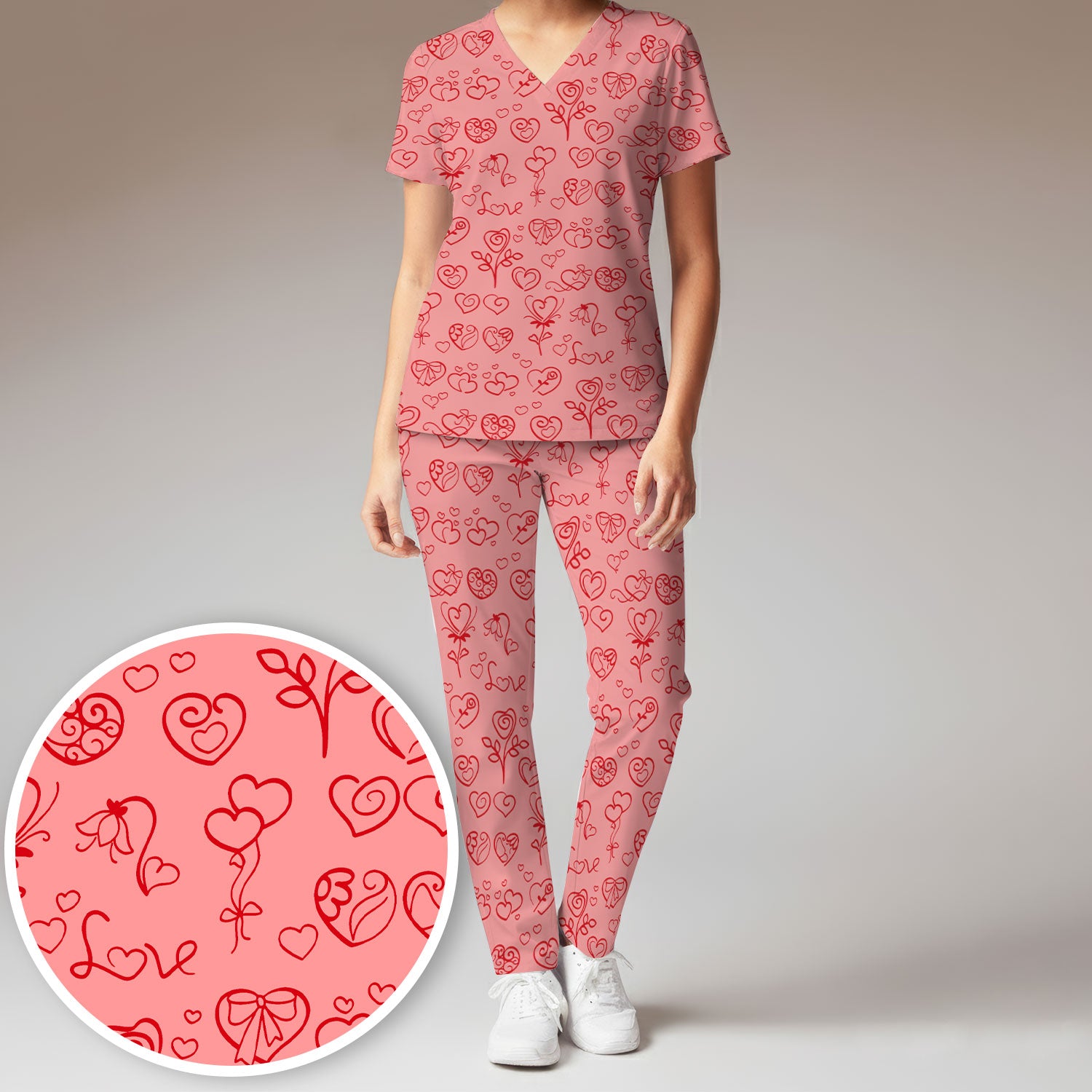 Cute Valentine Heart Scrub Set, Artistic Heart Pink Love Line Art Pattern Nurse Shirt, Comfortable Scrubs For Nursing