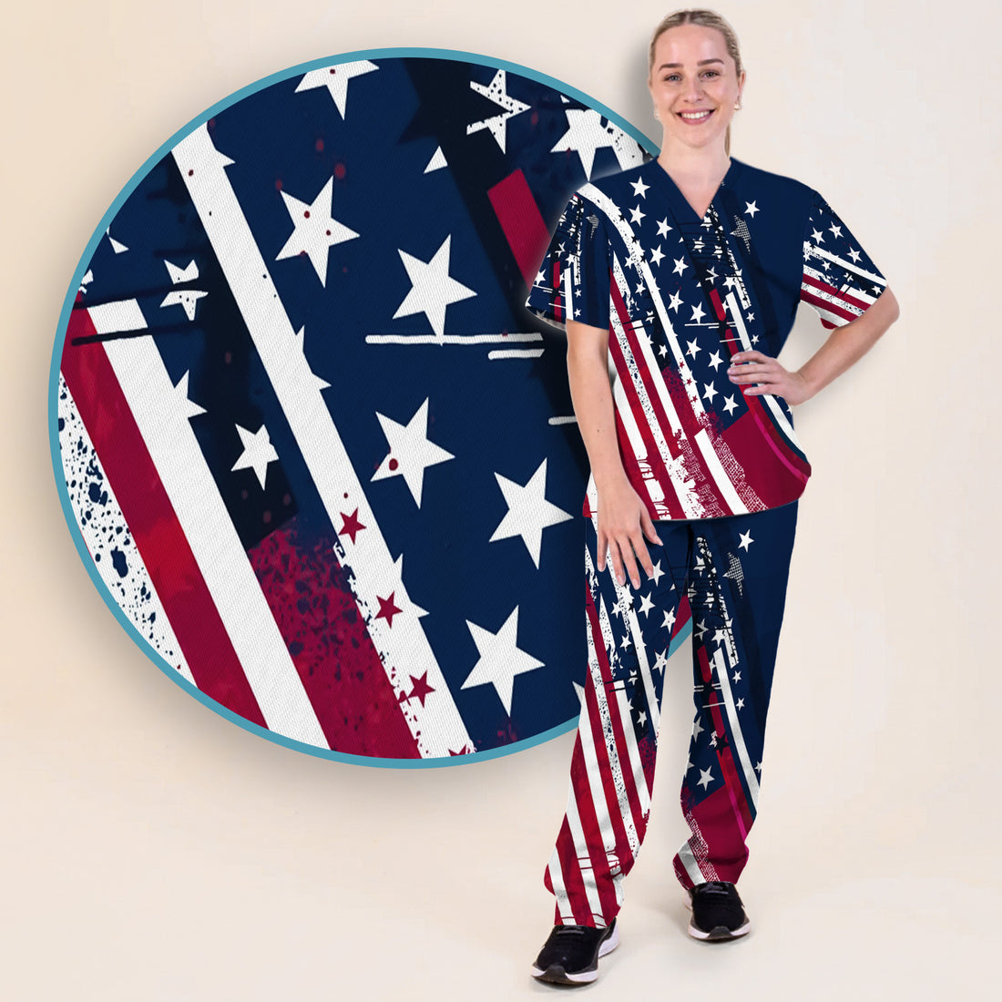 Patriotic USA Flag Stars And Stripes Grunge Pattern Scrub Set, Scrub Pants and V Neck Top