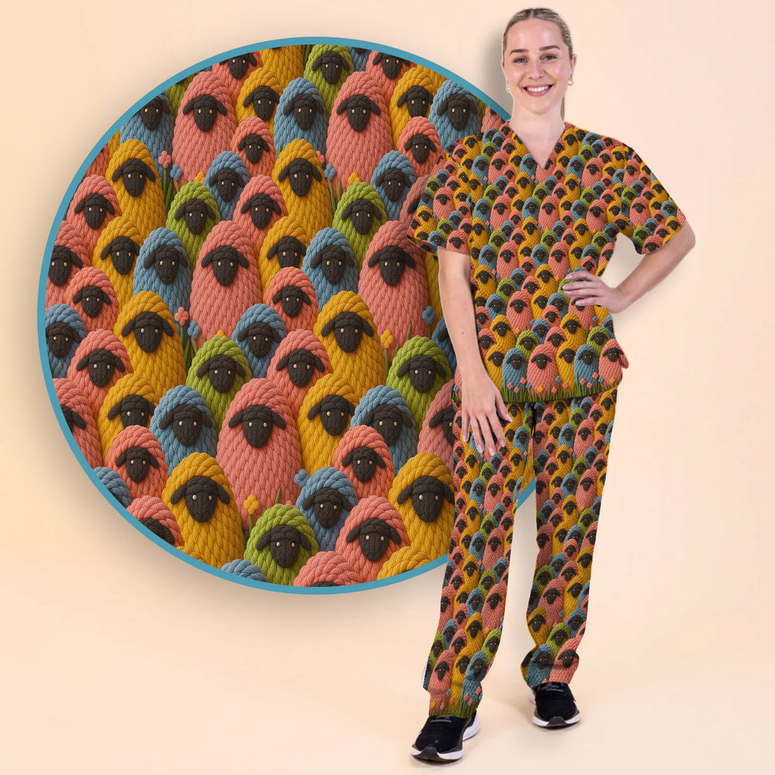 Cute Sheep Women's Scrub Sets - Black Sheep Comfortable Scrubs for Nurses - Breathable Med Uniform - Christmas Gift for Her