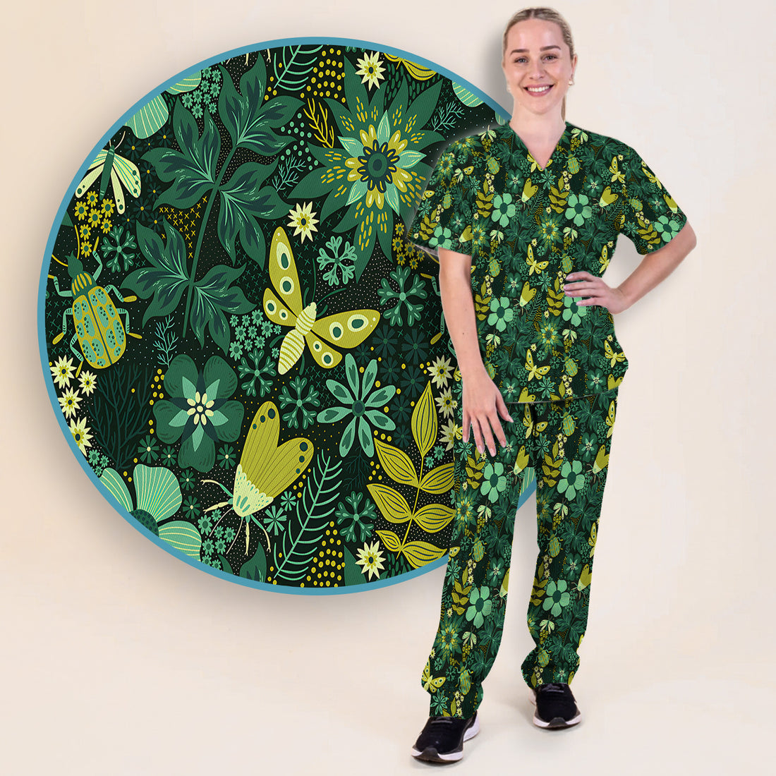 Green Botanical Butterfly Pattern Scrub Set, Scrub Pants and V Neck Top