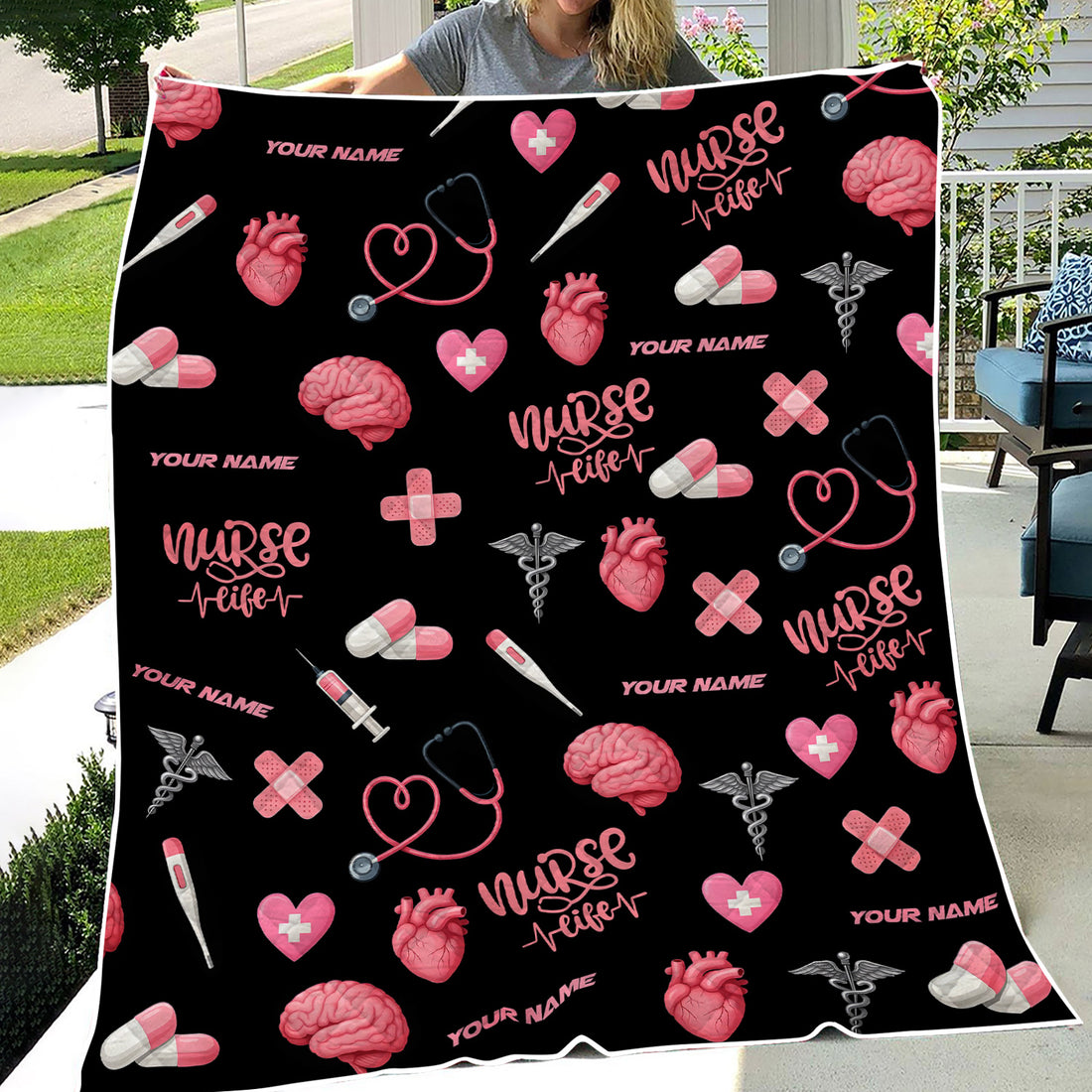 Funny Nurse Blanket with Name - Cute Pink Heart Brain Pill Icons - Personalized Gift for Women RN CNA LPN in Healthcare and Nursing Life
