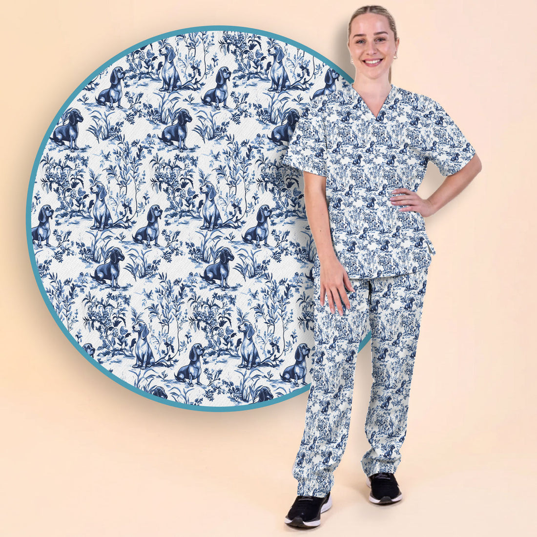 Toile de Jouy Dog Scrub Set – Elegant Blue Dachshund Pattern – Cute Medical Uniform for Nurses, Vets, and Animal Care Workers