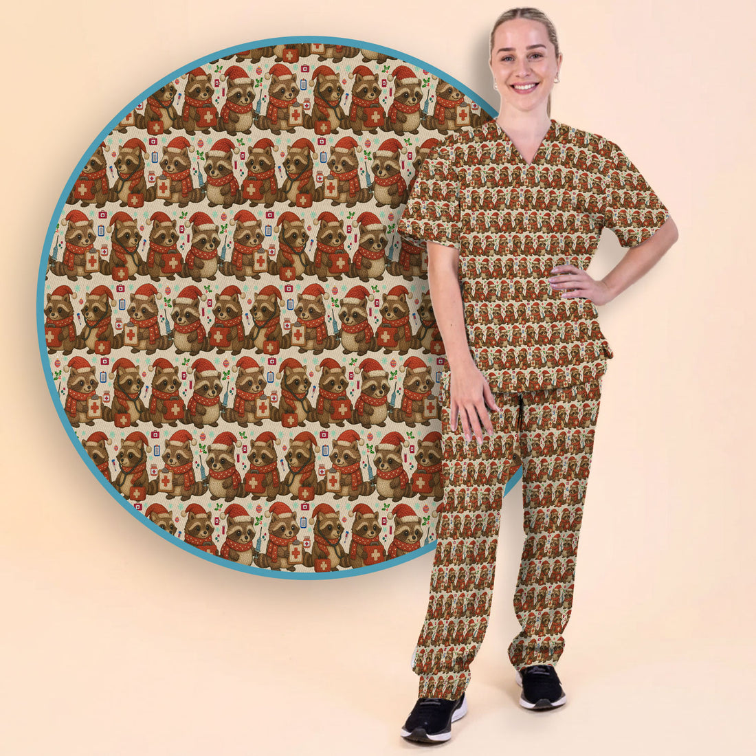 Christmas Scrub Set – Nurse Raccoon Pattern Shirt – Cute Medical Uniform For Nursing