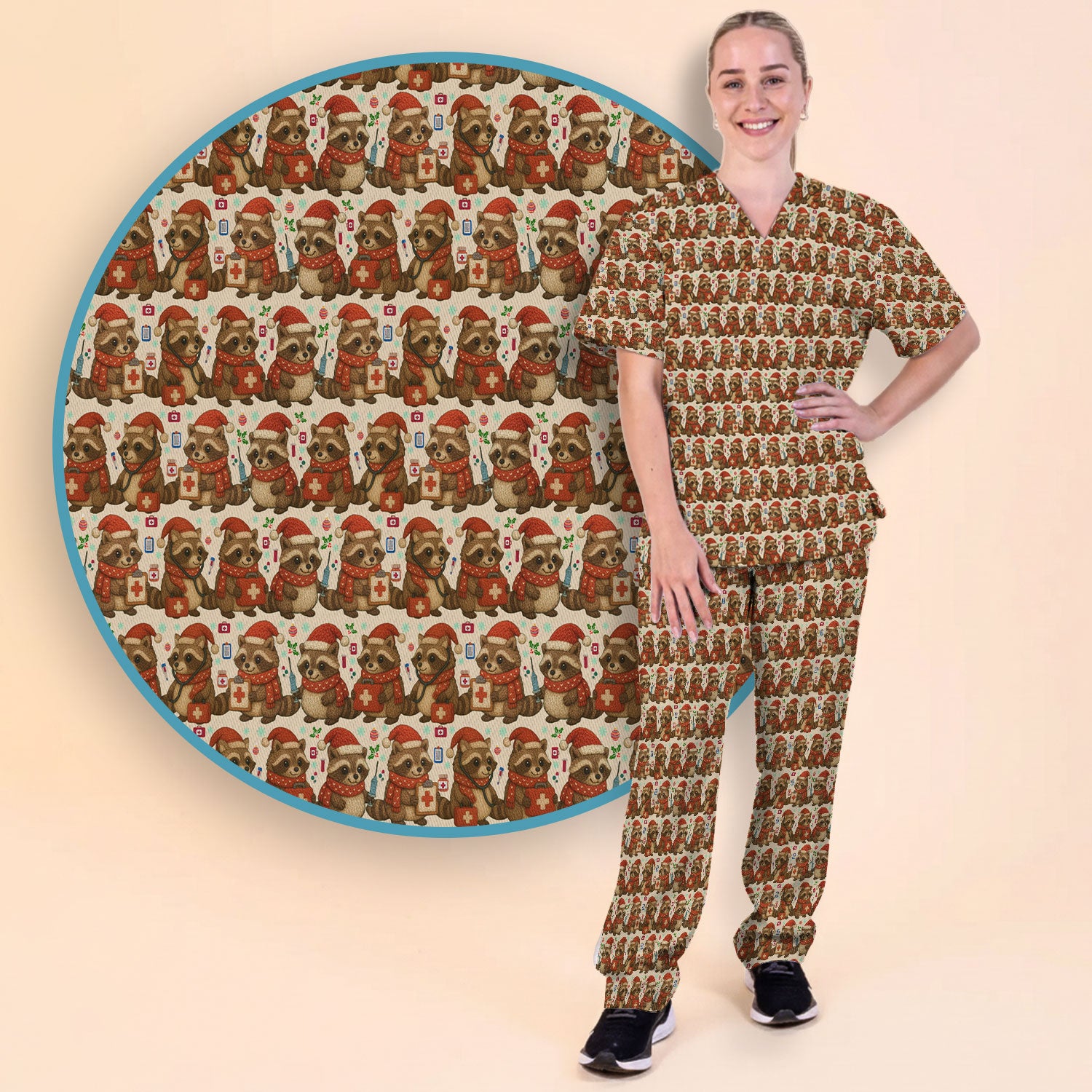 Christmas Scrub Set – Nurse Raccoon Pattern Shirt – Cute Medical Uniform For Nursing