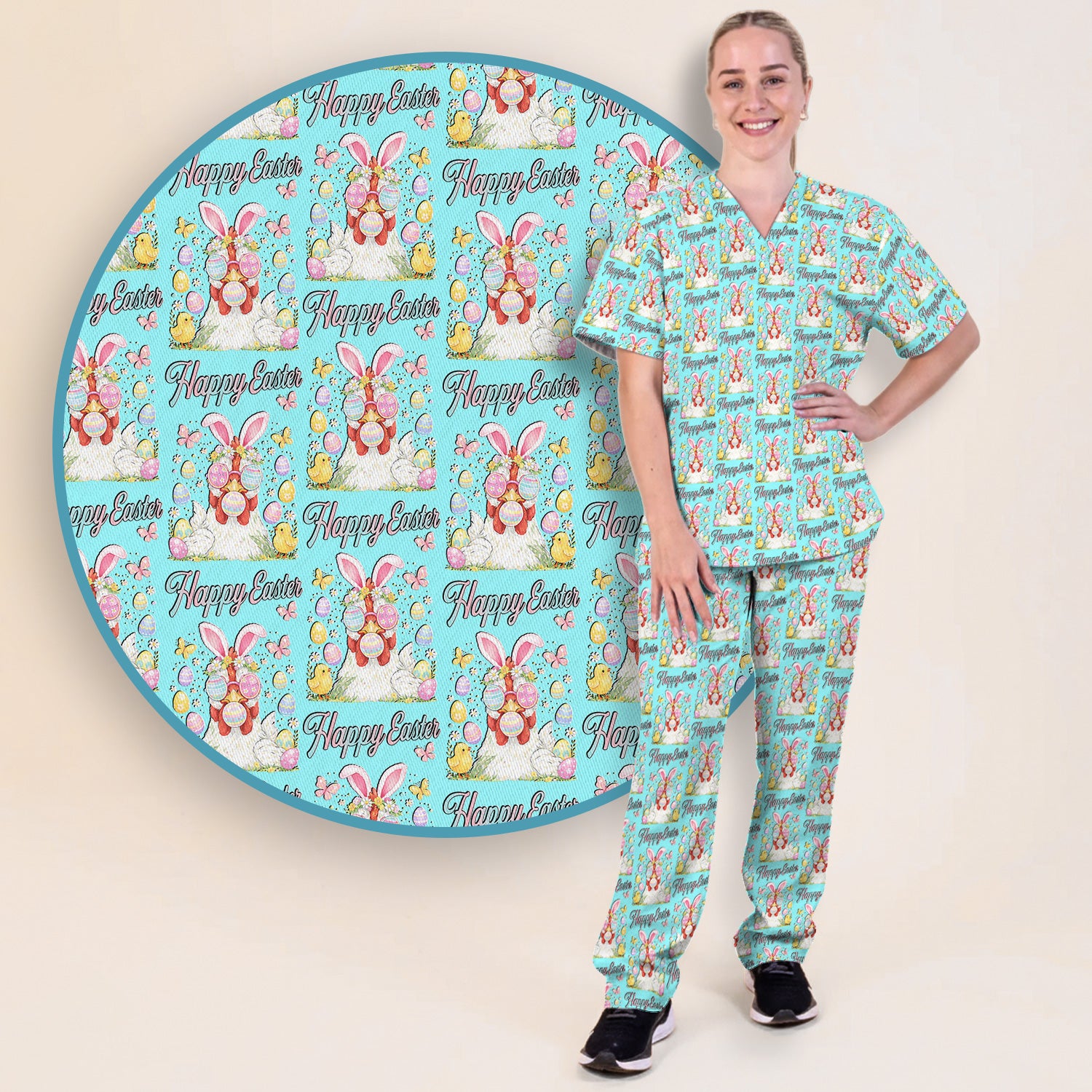 Happy Easter Bunny Eggs Pattern Scrub Set, Scrub Pants and V Neck Top