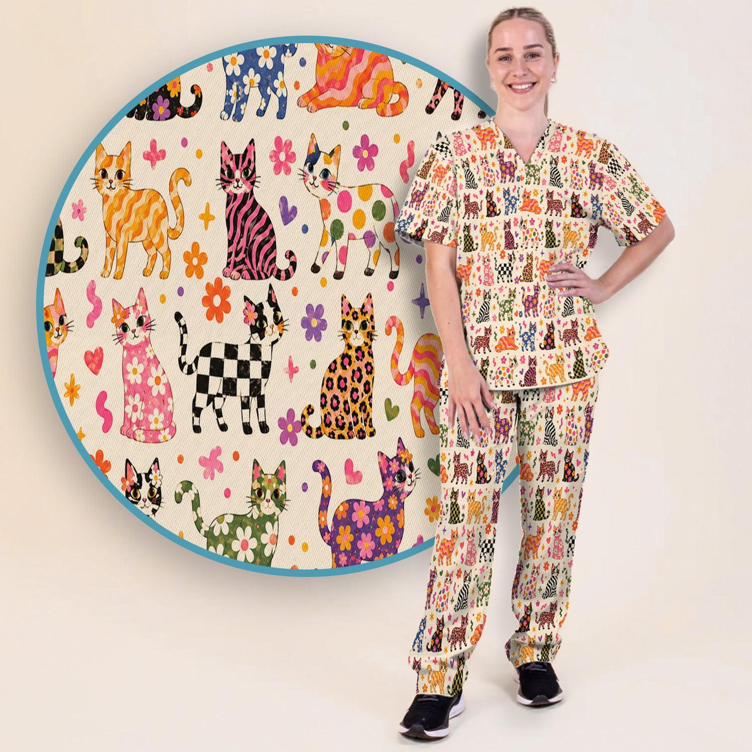 Colorful Cat with Floral Print Scrub Set, Scrub Pants and V Neck Top