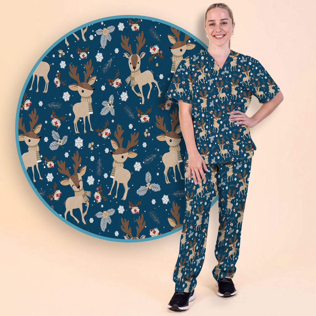 Reindeer Christmas Scrub Set - Cozy Beige Holiday Nurse Shirt with Cute Deer Pattern - Festive Medical Scrubs Pants and V Neck Top