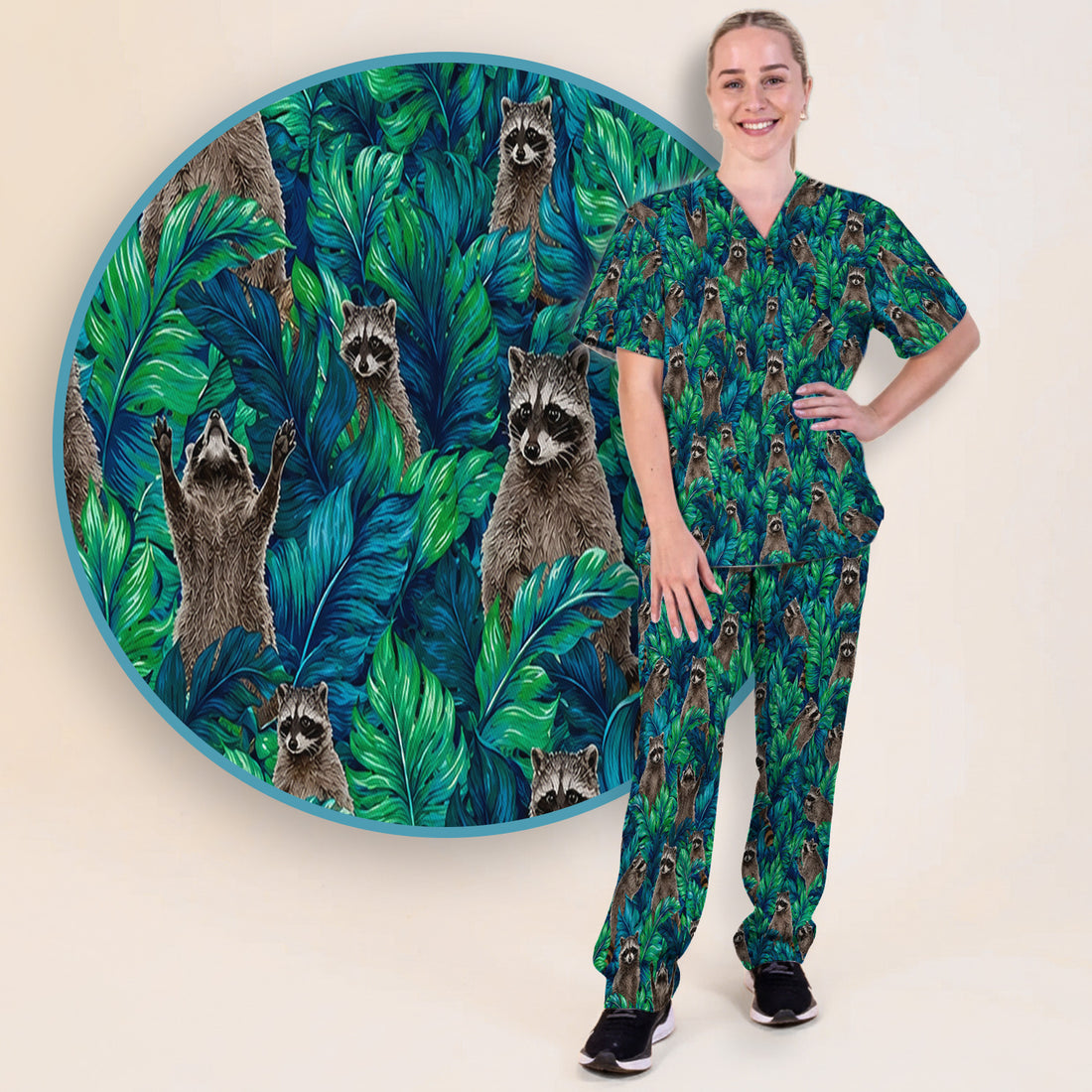 Tropical Raccoon Jungle Leaves Pattern Scrub Set, Scrub Pants and V Neck Top