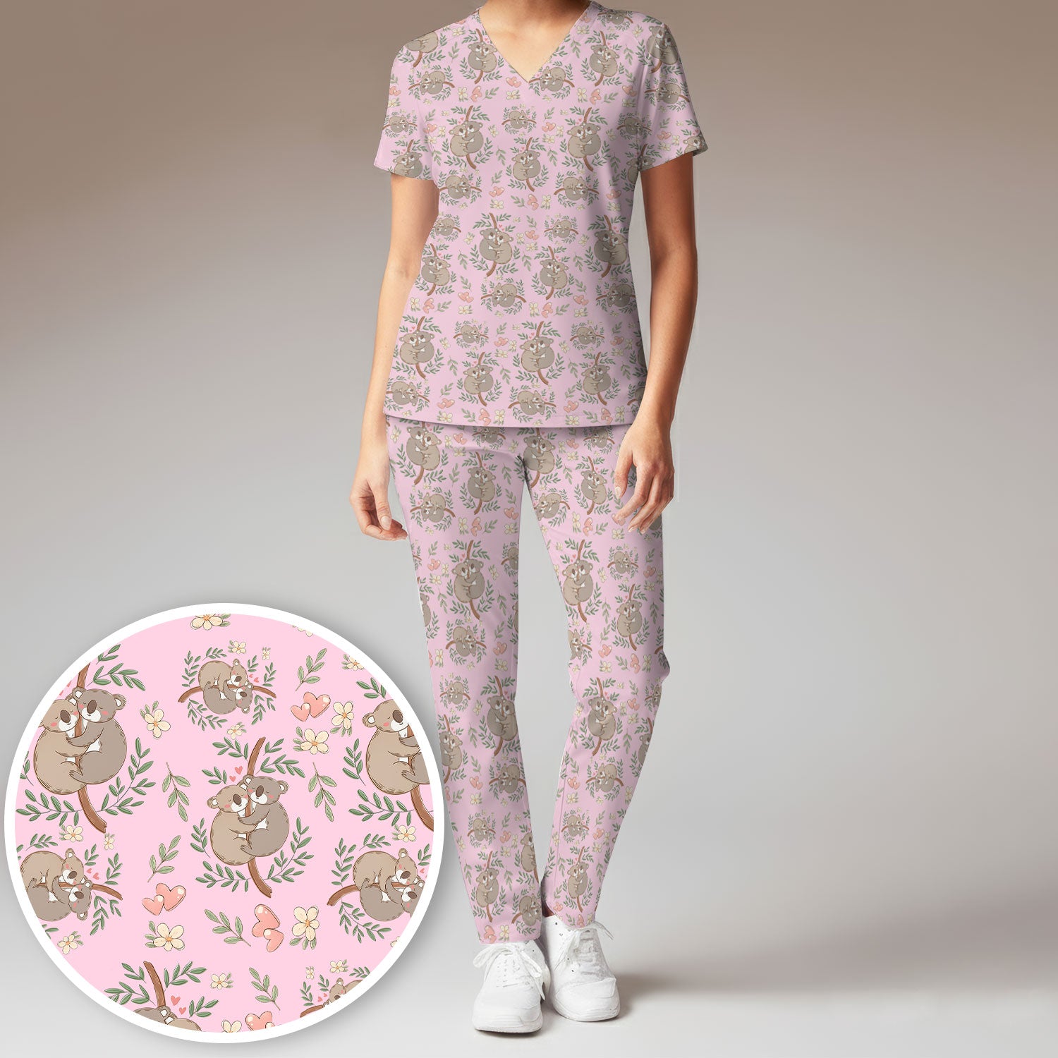 Cute Koala Couple Floral Medical Print Scrub Set, Women's Scrub Sets