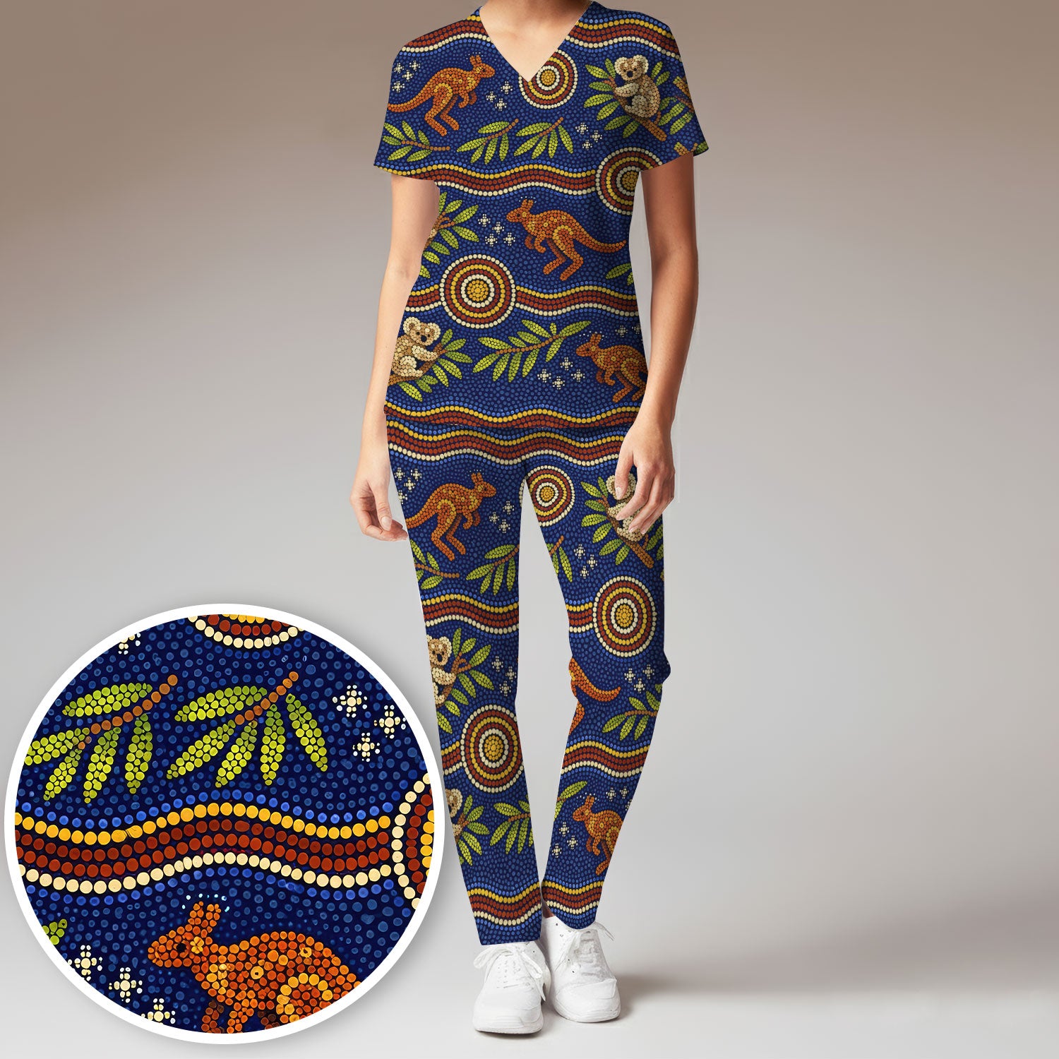 Australian Aboriginal Dot Art Scrub Set, Kangaroo ANd Koala Pattern Nurse Shirt, Breathable Fabrics Nursing Uniform