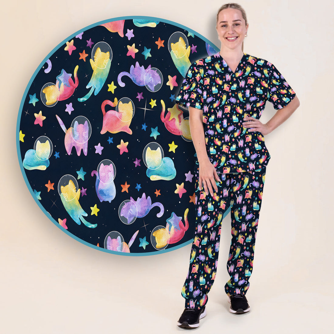 Cute Space Cat Veterinary Pattern Scrub Set, Scrub Pants and V Neck Top
