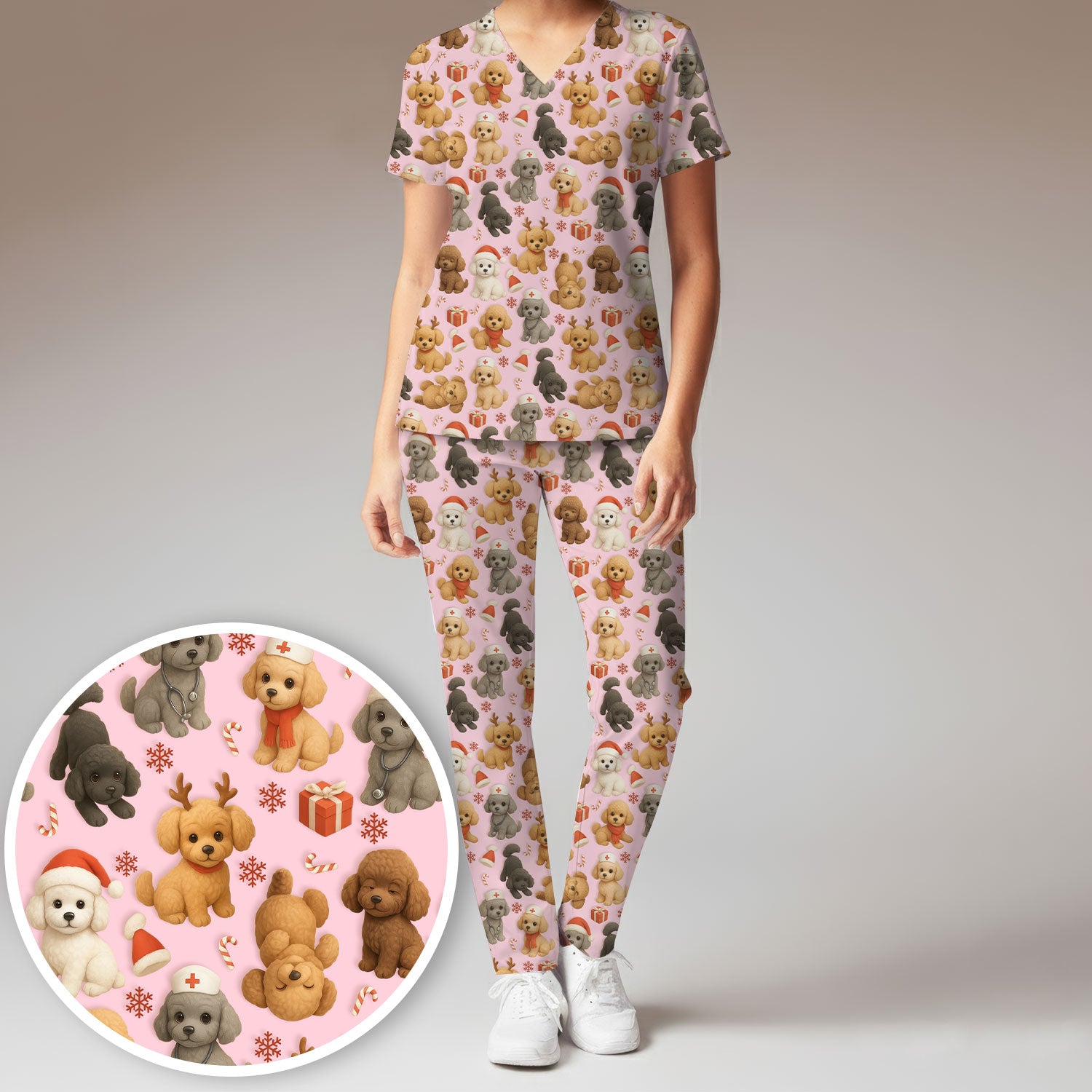 Christmas Poodle Scrubs Set for Women - Cute Dog Pattern Scrub Top & Pants - Festive Holiday Christmas Scrubs with Adorable Poodle Design