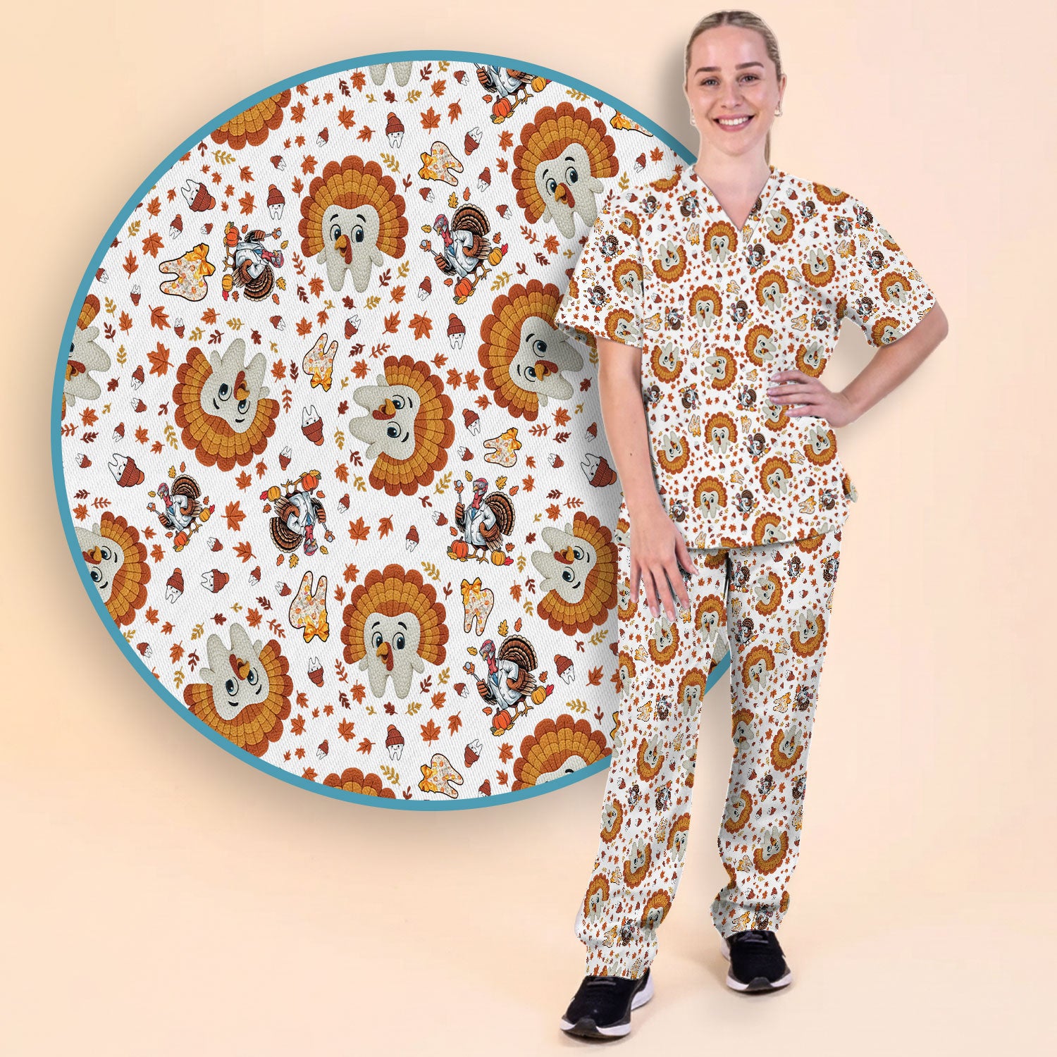 Funny Thanksgiving Tooth Scrub Set - Cute Turkey Dental Scrubs Pants and V Neck Top - Fall Medical Uniform for Hygienists & Nurses