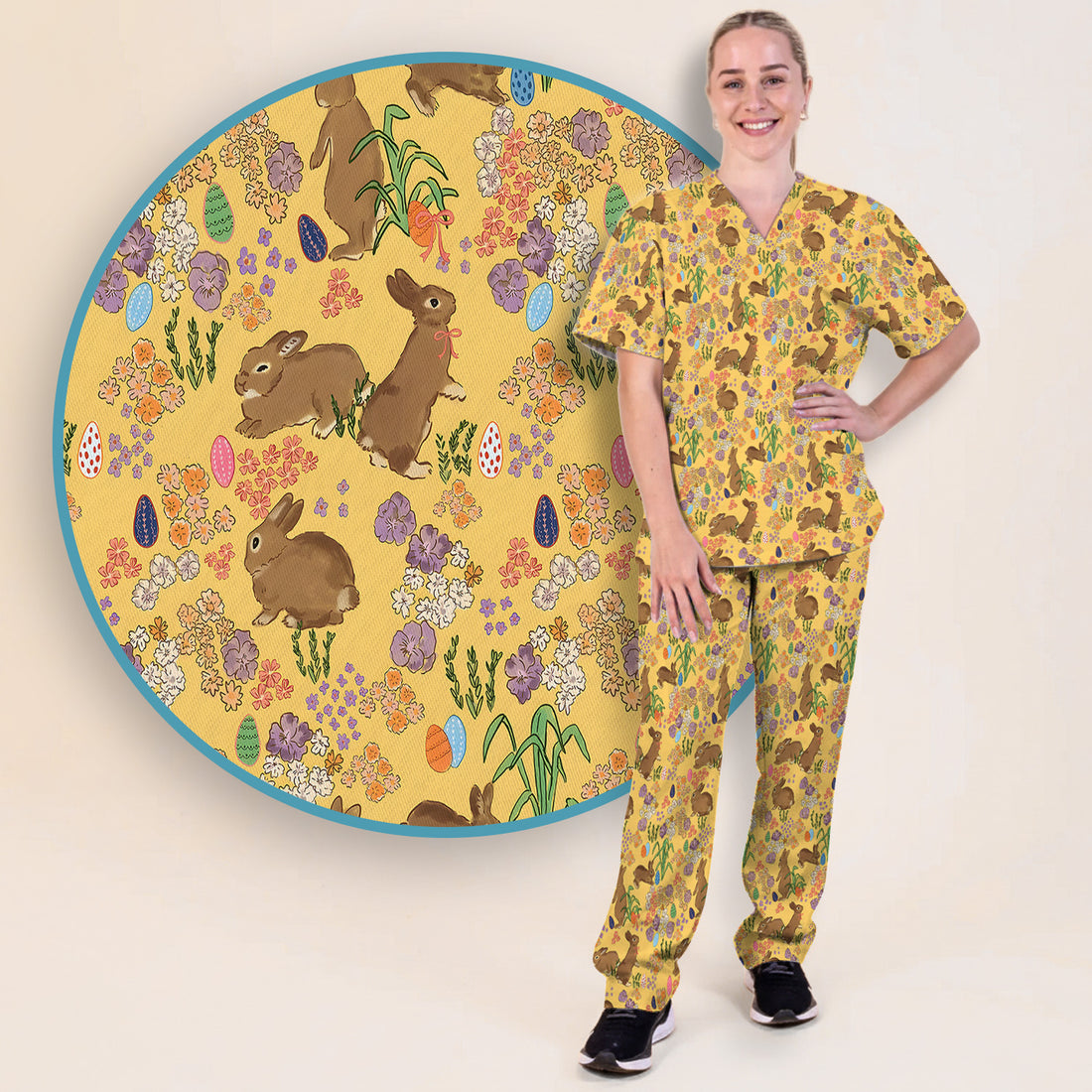 Cute Easter Bunny Pattern Scrub Set, Scrub Pants and V Neck Top