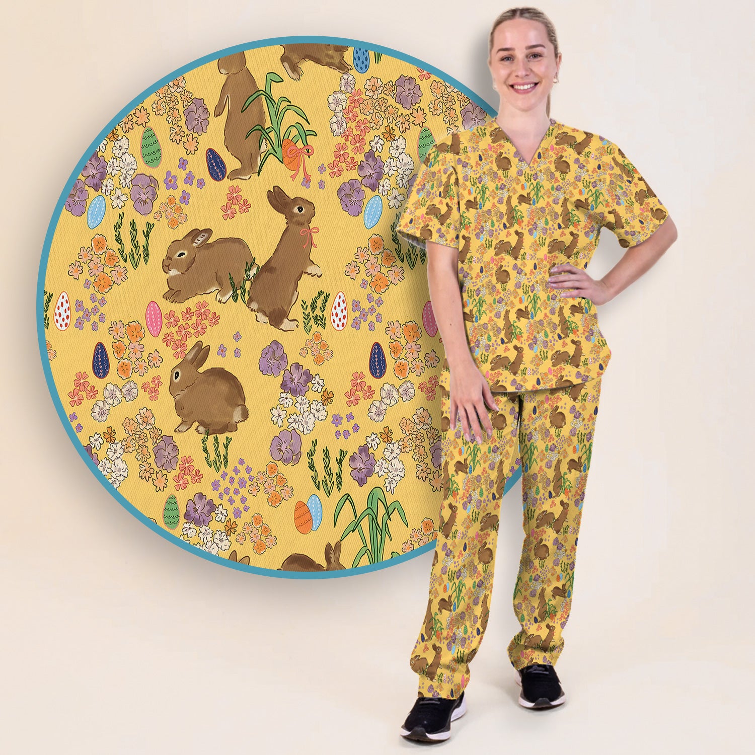 Cute Easter Bunny Pattern Scrub Set, Scrub Pants and V Neck Top