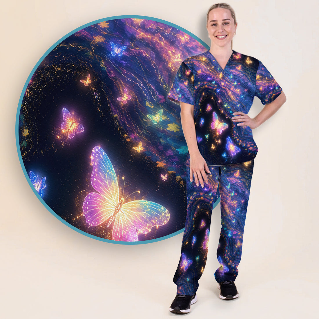 Neon Butterfly Galaxy Marble Print Scrub Set, Scrub Pants and V Neck Top