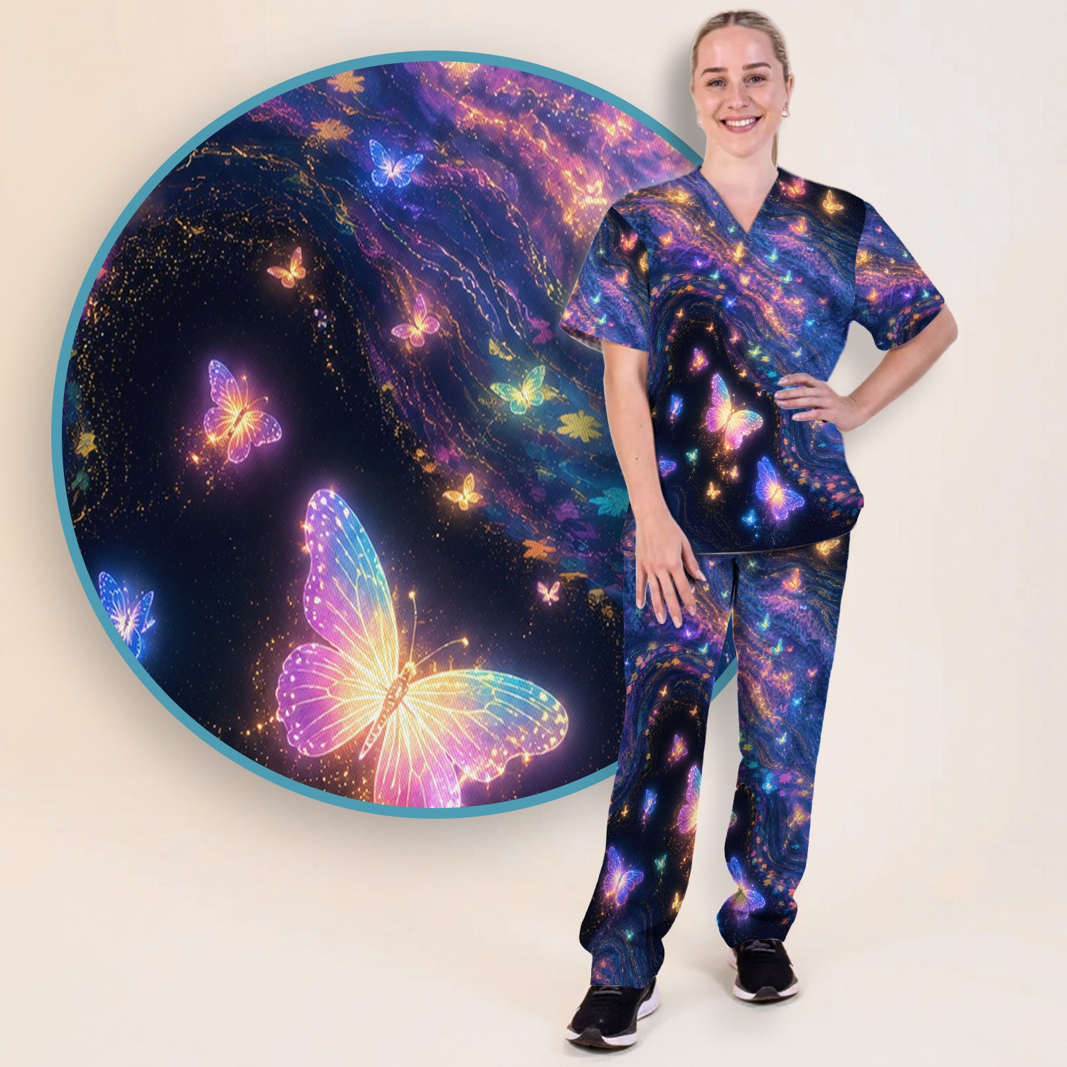 Neon Butterfly Galaxy Marble Print Scrub Set, Scrub Pants and V Neck Top