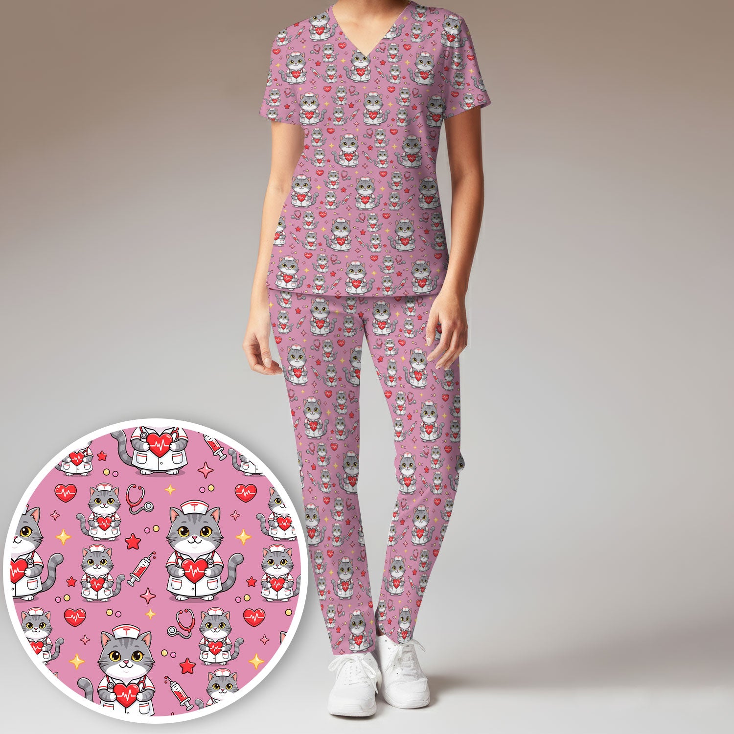 Cute Nurse Cat Heart Medical Print Scrub Set, Scrub Pants and V Neck Top