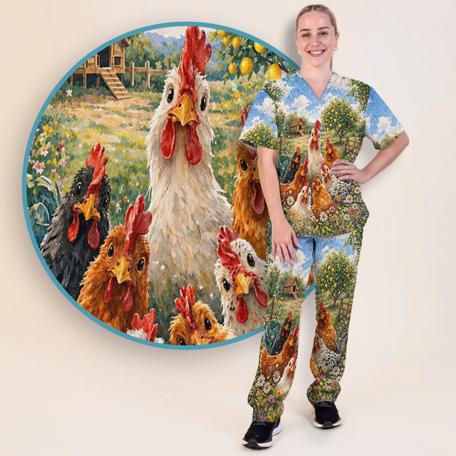 Rustic Chicken Family Farm Garden Pattern Nurse Scrub Set, Scrub Pants and V Neck Top
