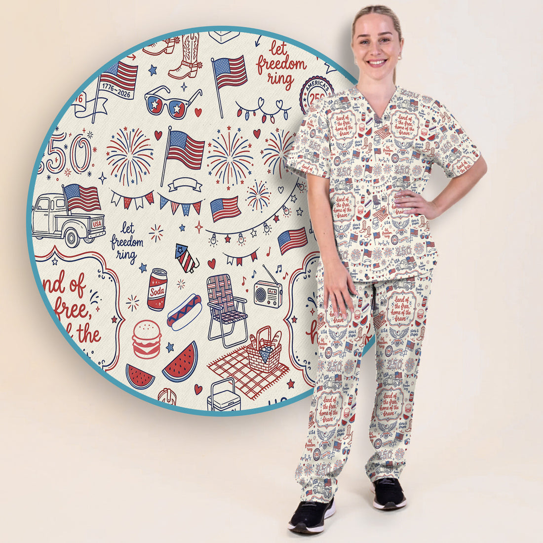 Vintage USA Freedom Print Scrub Set, Scrub Pants and V Neck Top