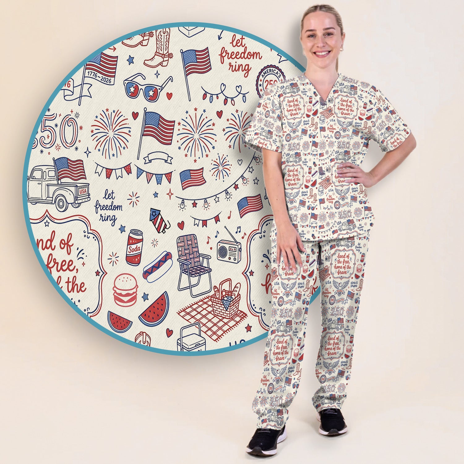 Vintage USA Freedom Print Scrub Set, Scrub Pants and V Neck Top