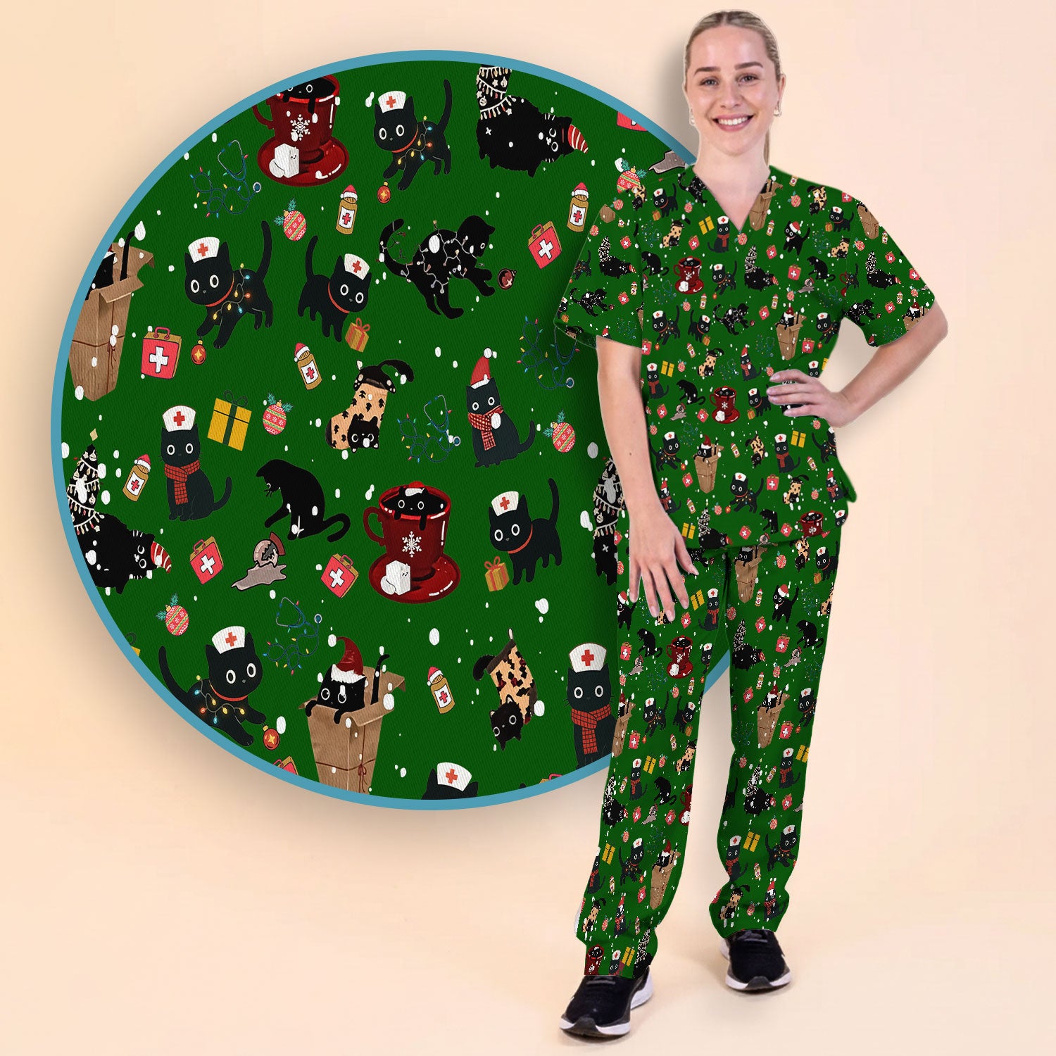 Christmas Cat Scrub Set for Nurse - Funny Black Cats Scrubs Pants and V Neck Top - Cute Holiday Medical Uniform for Women