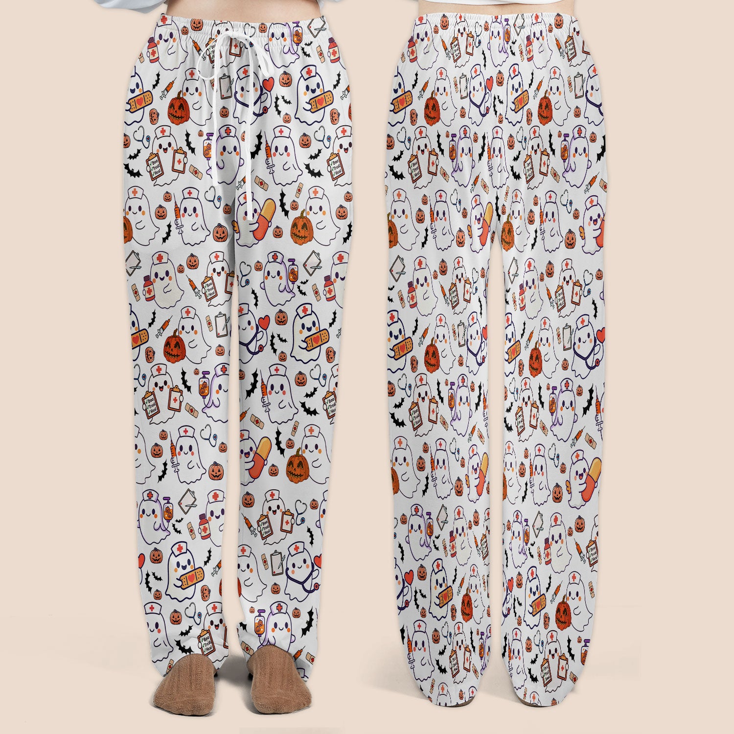 Women's Scrub Sets Halloween Gift - Comfortable Scrubs for Nurses - Pumpkin Ghost Scrub Pants and V Neck Top