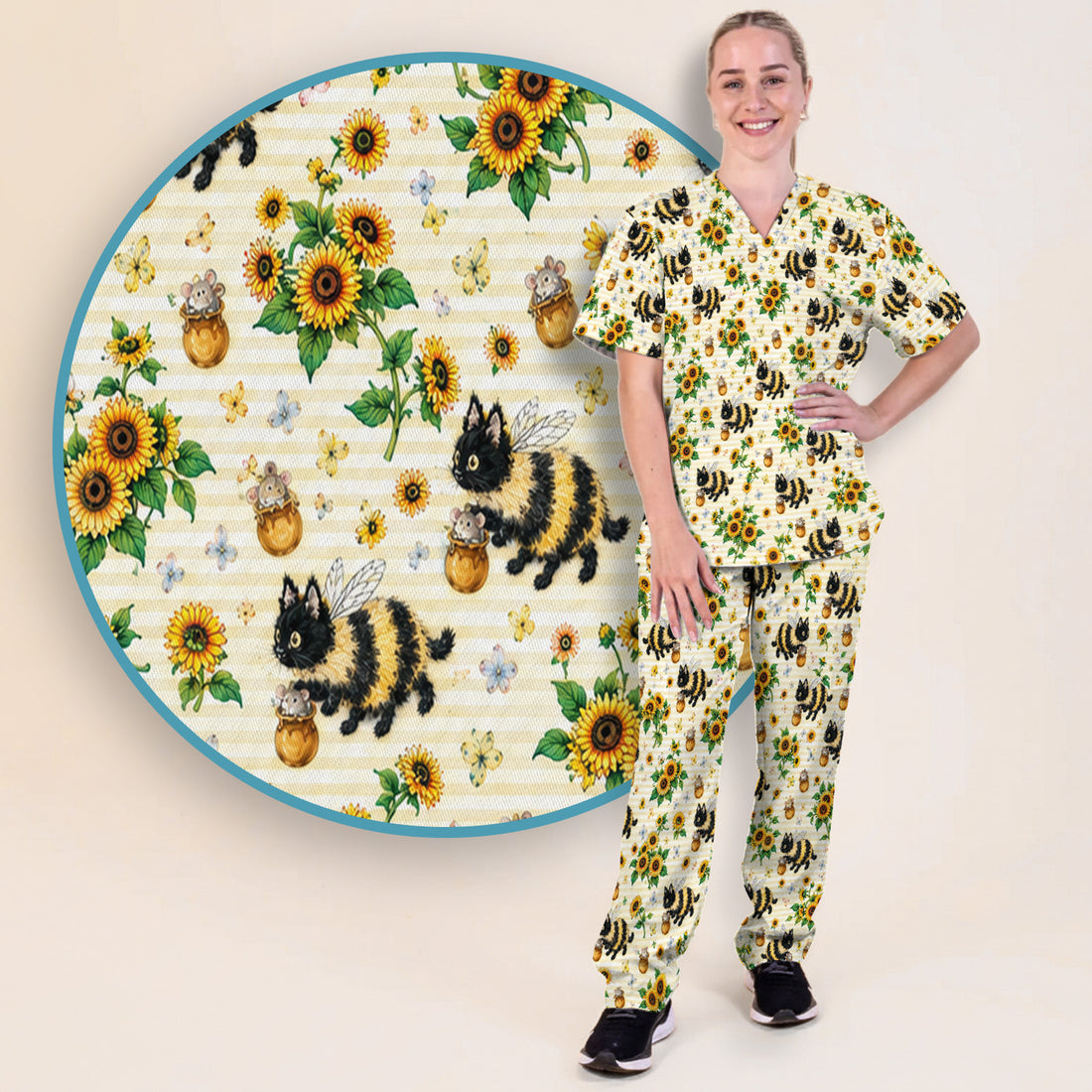 Cute Bumblebee Cat Sunflower Pattern Scrub Set, Scrub Pants and V Neck Top
