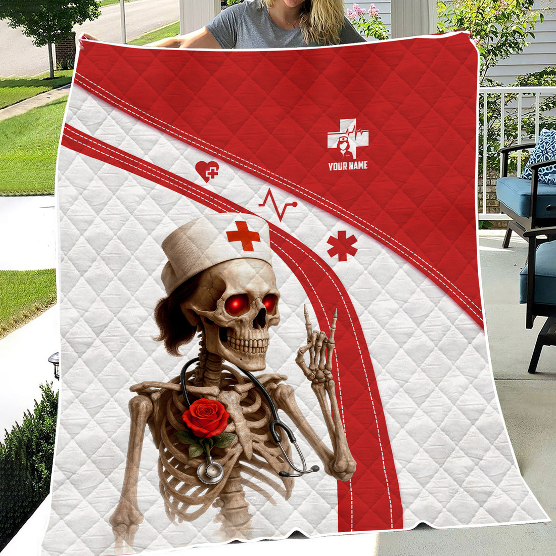 Personalized Nurse Life Blanket with Skeleton Quote - Red White Throw for RN CNA LPN - Funny Dark Humor Gift for Healthcare Workers