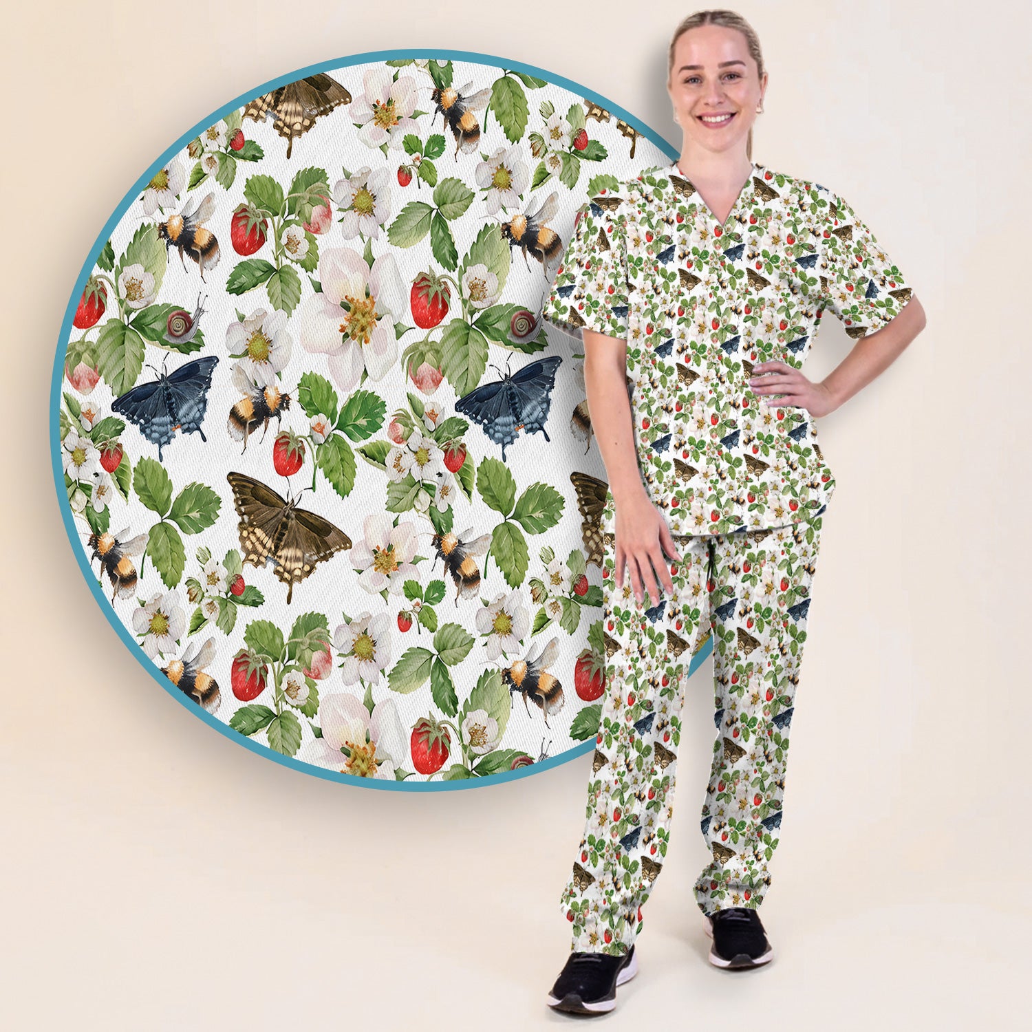 Charming Strawberry Butterfly Garden Pattern Scrub Set, Scrub Pants and V Neck Top