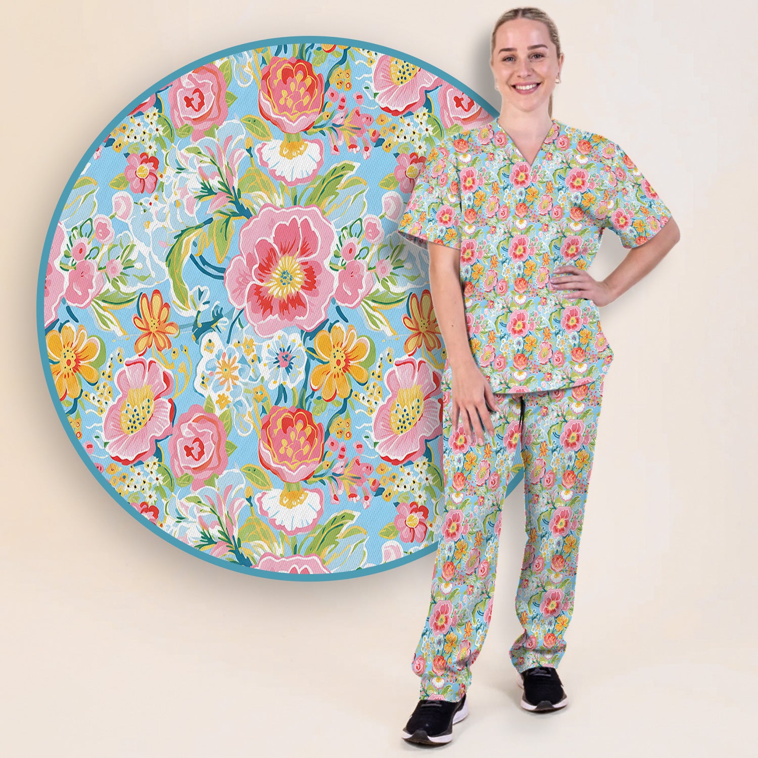 Pastel Tropical Floral Garden Pattern Scrub Set, Scrub Pants and V Neck Top