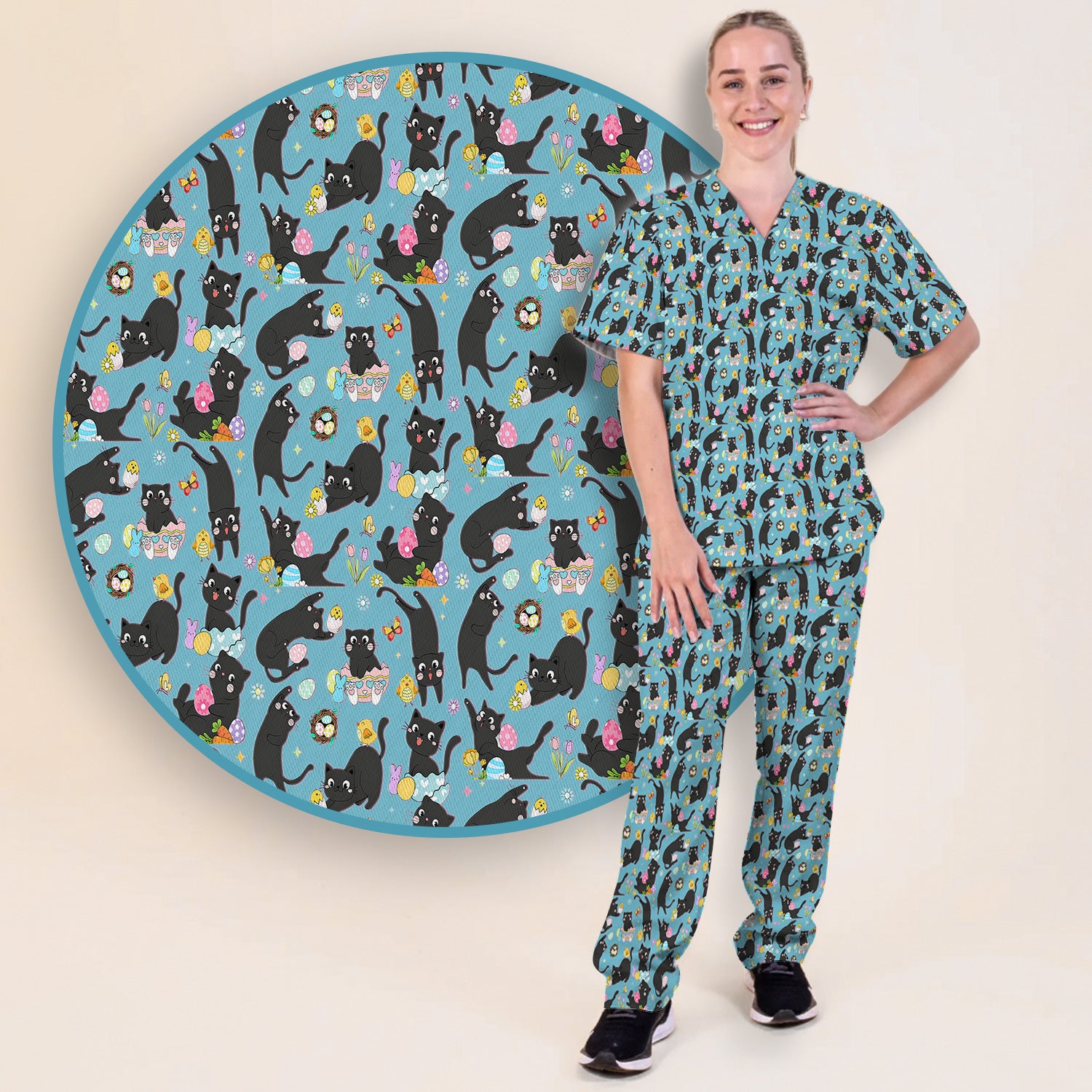 Playful Black Cat Easter Egg Pattern Scrub Set, Scrub Pants and V Neck Top