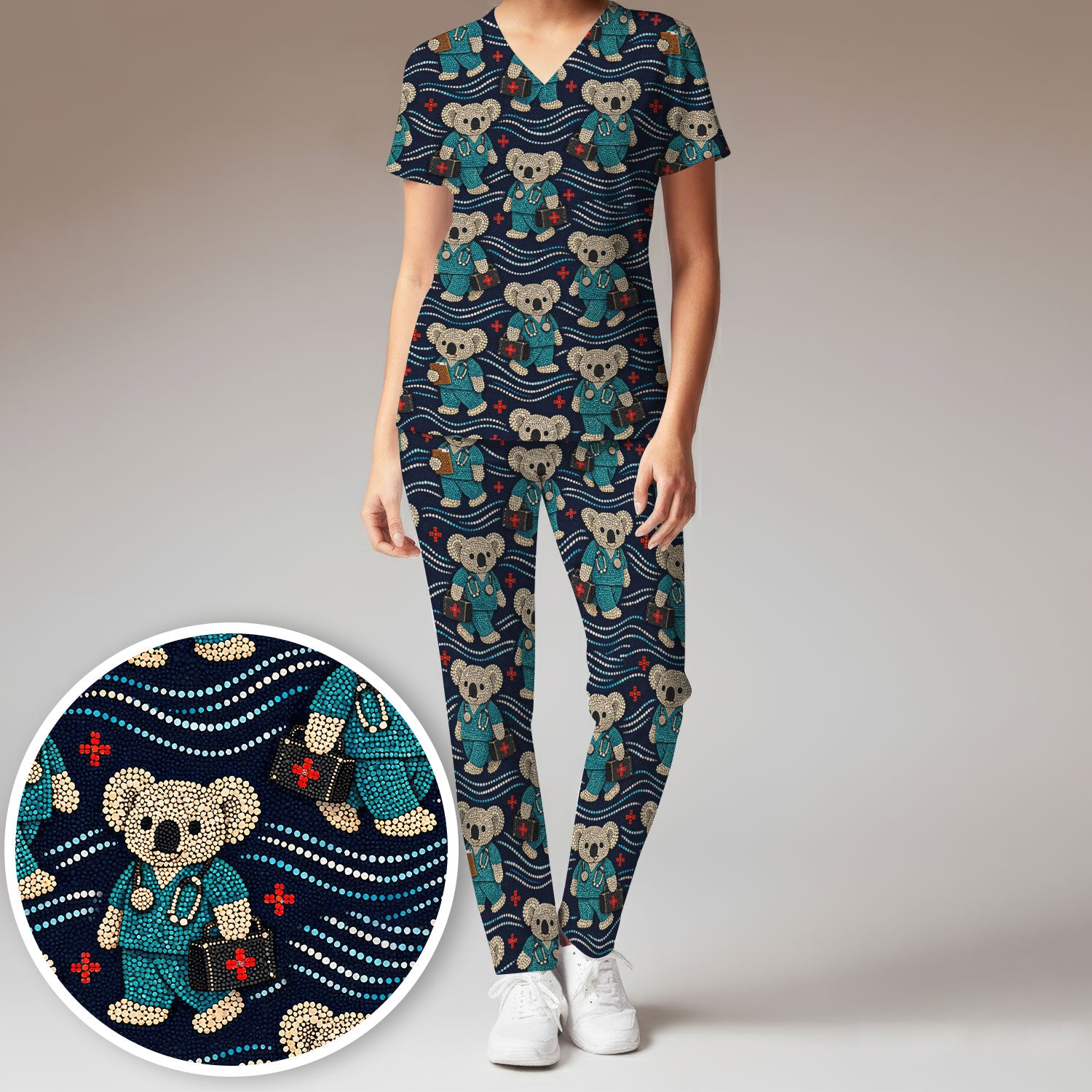 Aboriginal Dot Art Pattern Nurse Scrub Set, Koala Medical Shirt For Women, Breathable Fabrics Nursing Uniform