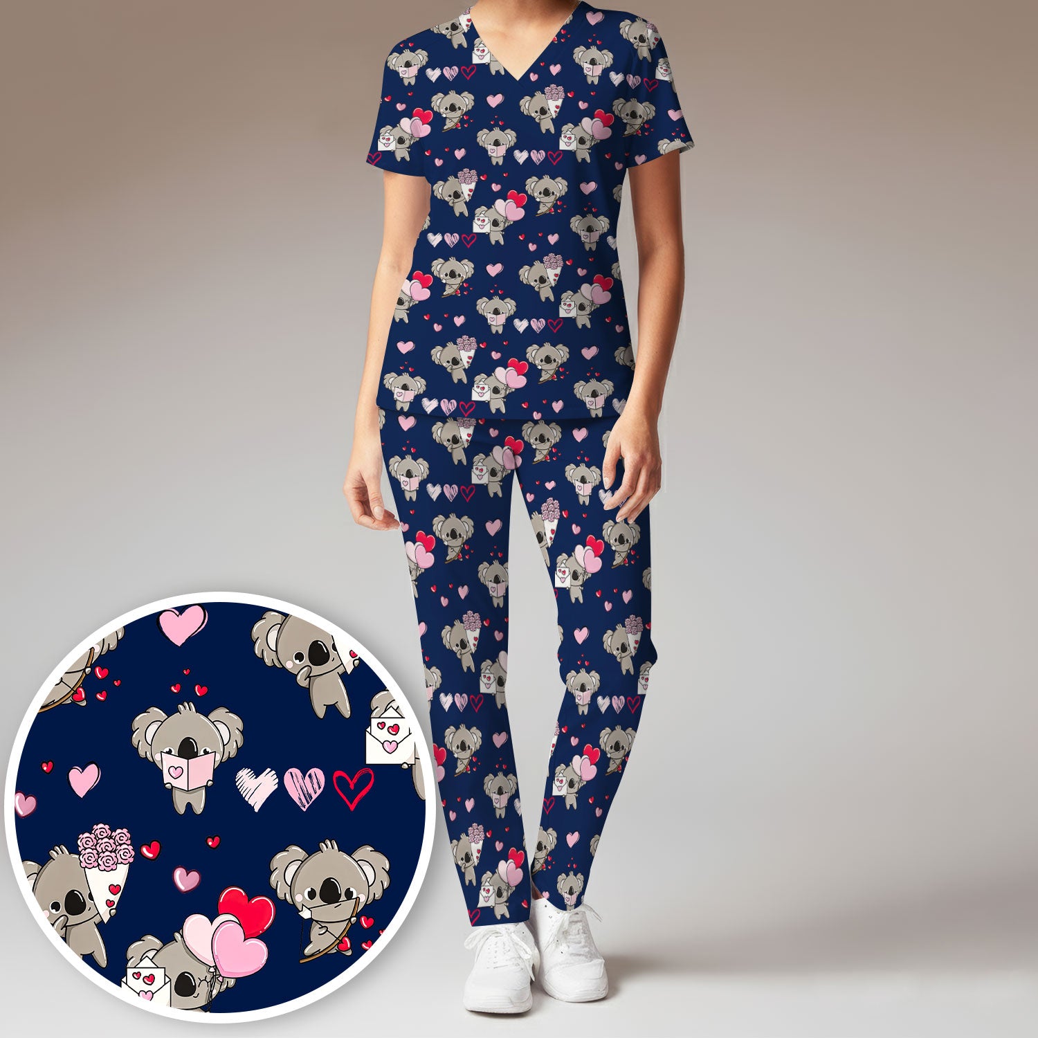 Valentine Koala Holding Flowers Cute Print Scrub, Women's Scrub Sets
