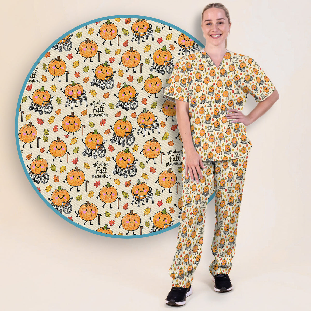 Cute Fall Prevention Pumpkin Pattern Scrub Set, Scrub Pants and V Neck Top