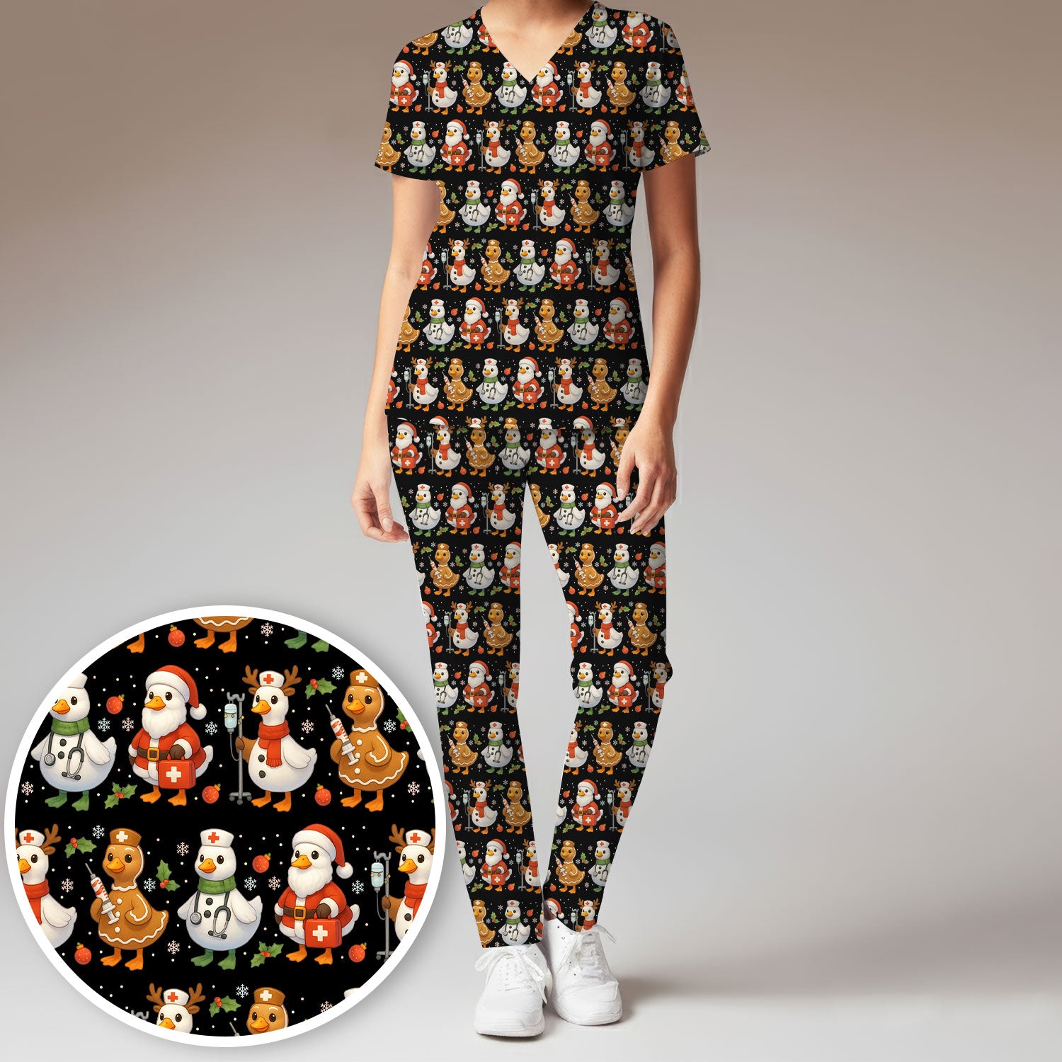 Funny Goose Christmas Scrubs for Women - Festive Holiday Pattern Scrub Top & Pants - Cute Christmas Scrubs with Charming Goose Print