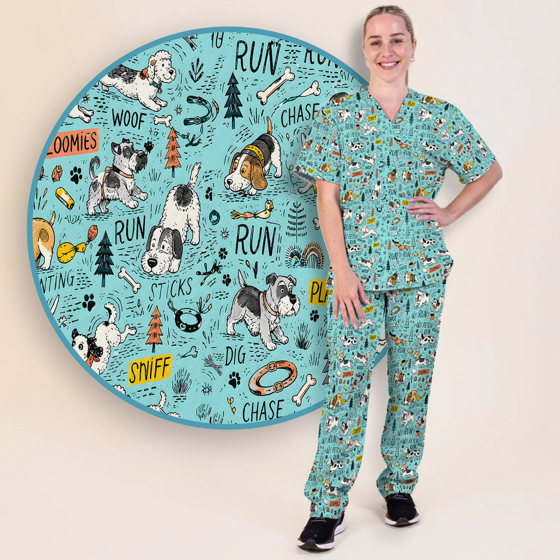 Playful Cartoon Puppy Adventure Pattern Scrub Set, Scrub Pants and V Neck Top