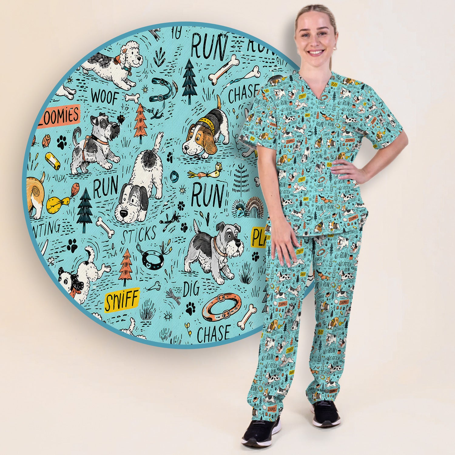 Playful Cartoon Puppy Adventure Pattern Scrub Set, Scrub Pants and V Neck Top