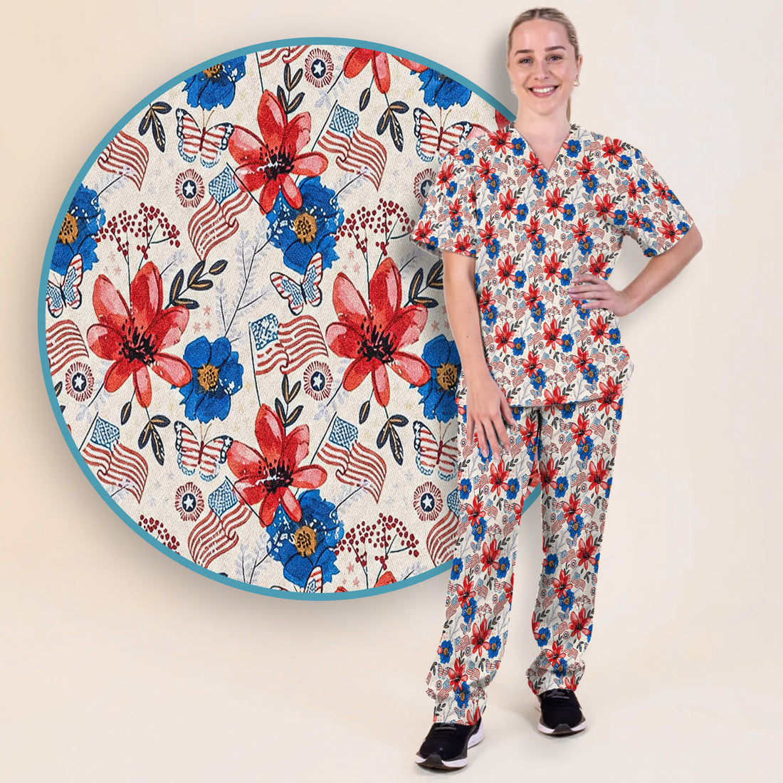 Patriotic Floral Flag Butterfly Pattern Scrub Set, Scrub Pants and V Neck Top
