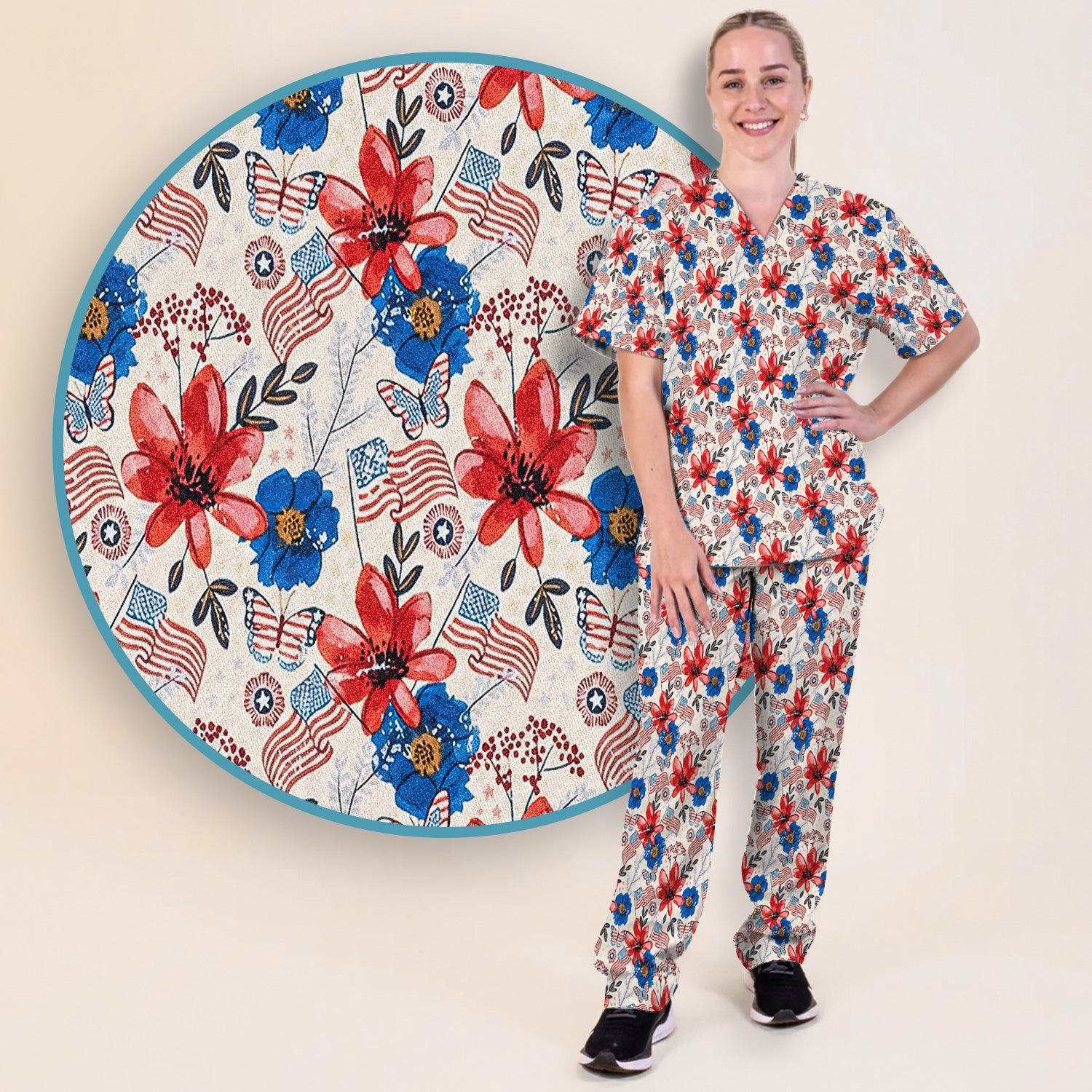 Patriotic Floral Flag Butterfly Pattern Scrub Set, Scrub Pants and V Neck Top