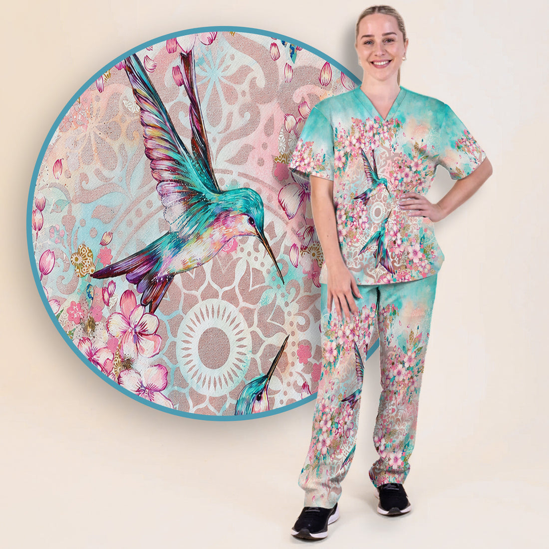 Charming Hummingbird Cherry Blossom Pattern Scrub Set, Scrub Pants and V Neck Top