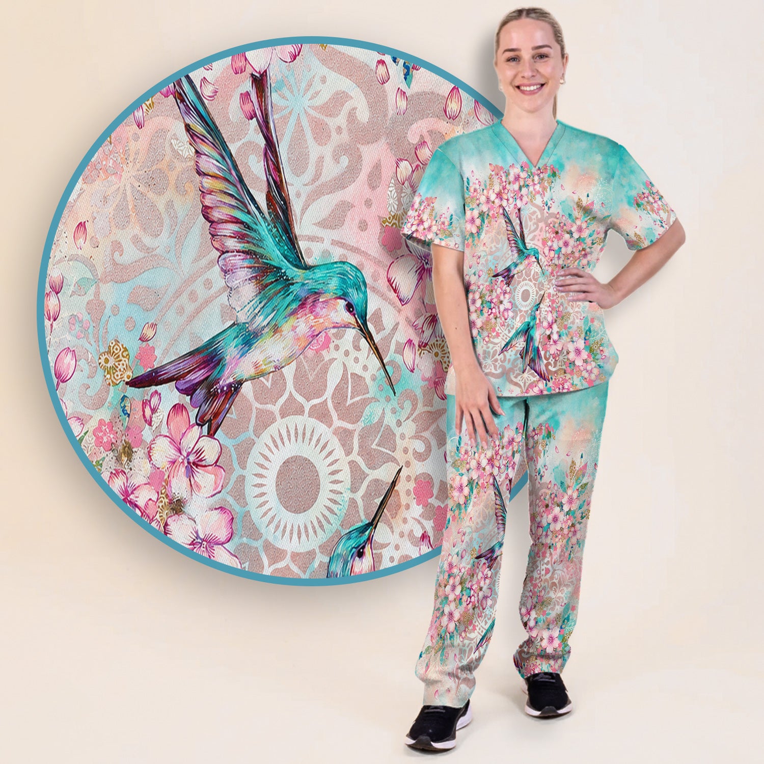 Charming Hummingbird Cherry Blossom Pattern Scrub Set, Scrub Pants and V Neck Top
