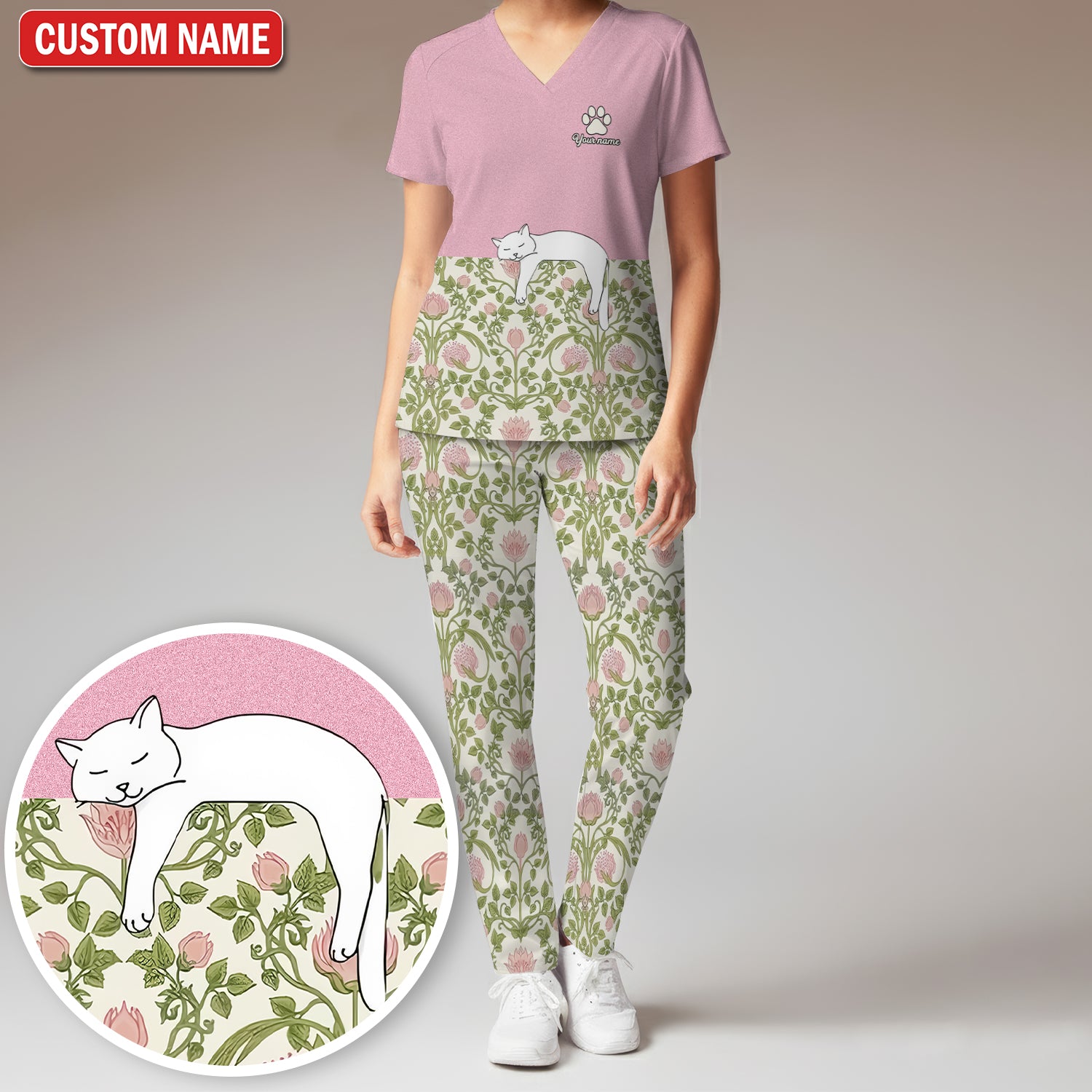 Personalized Cat Nurse Scrub Set, Custom Name Floral Scrub Shirt For Women, Breathable Fabrics Nursing Uniform