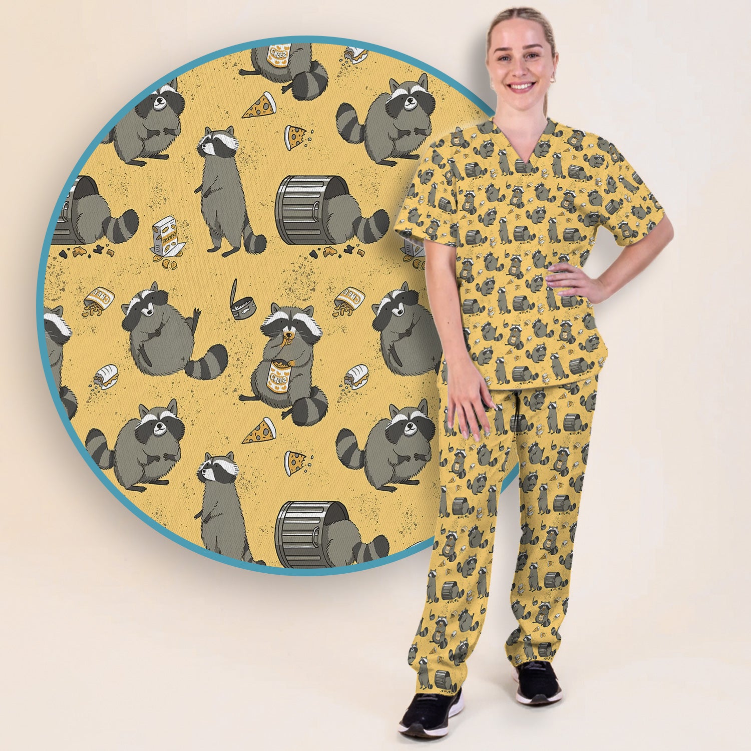 Raccoon Snack And Trash Can Pattern Scrub Set, Breathable Med Uniform