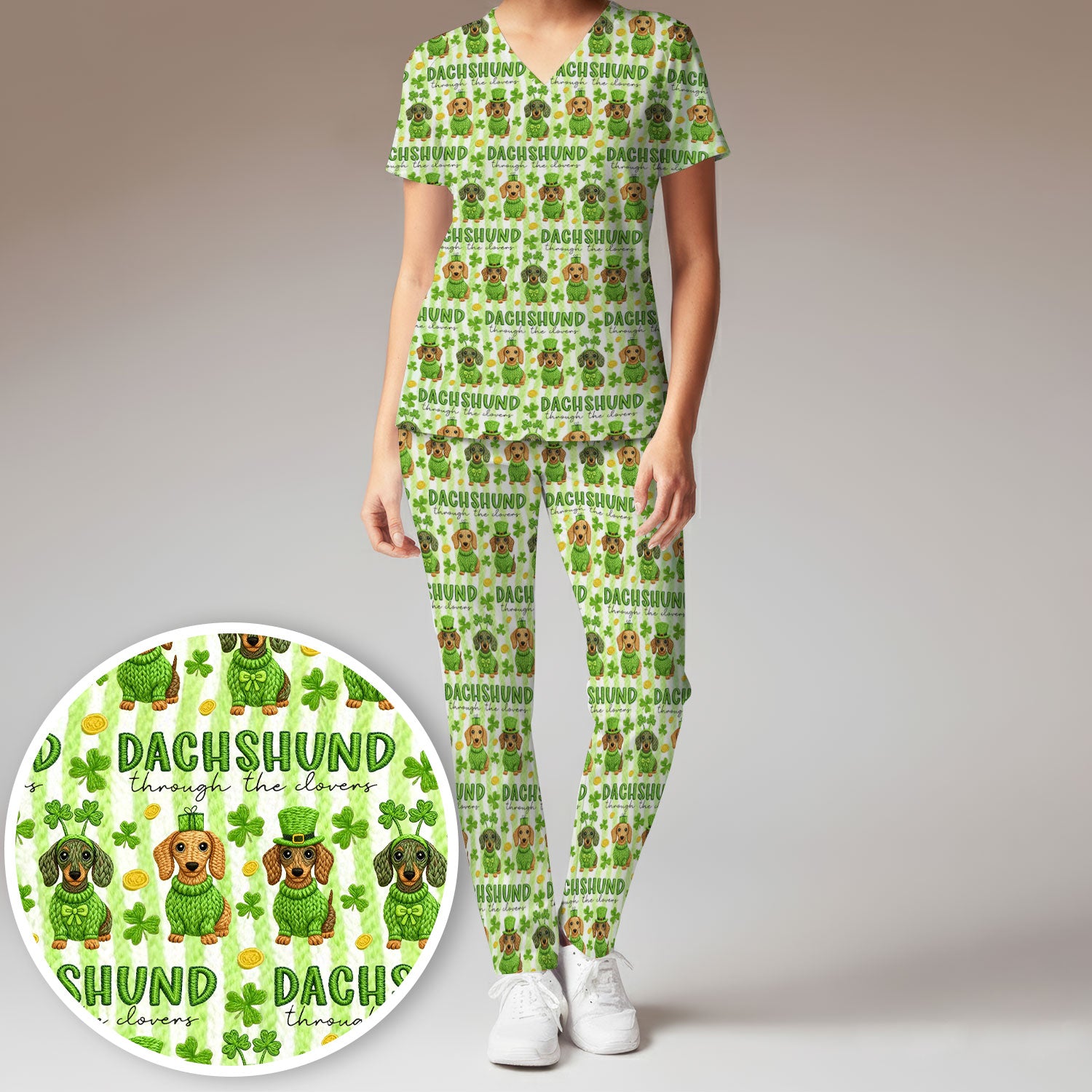 Wiener Dog St. Patrick’s Day Scrub Set, Shamrock Dachshund Pattern Nurse Shirt, Breathable Fabrics Nursing Uniform
