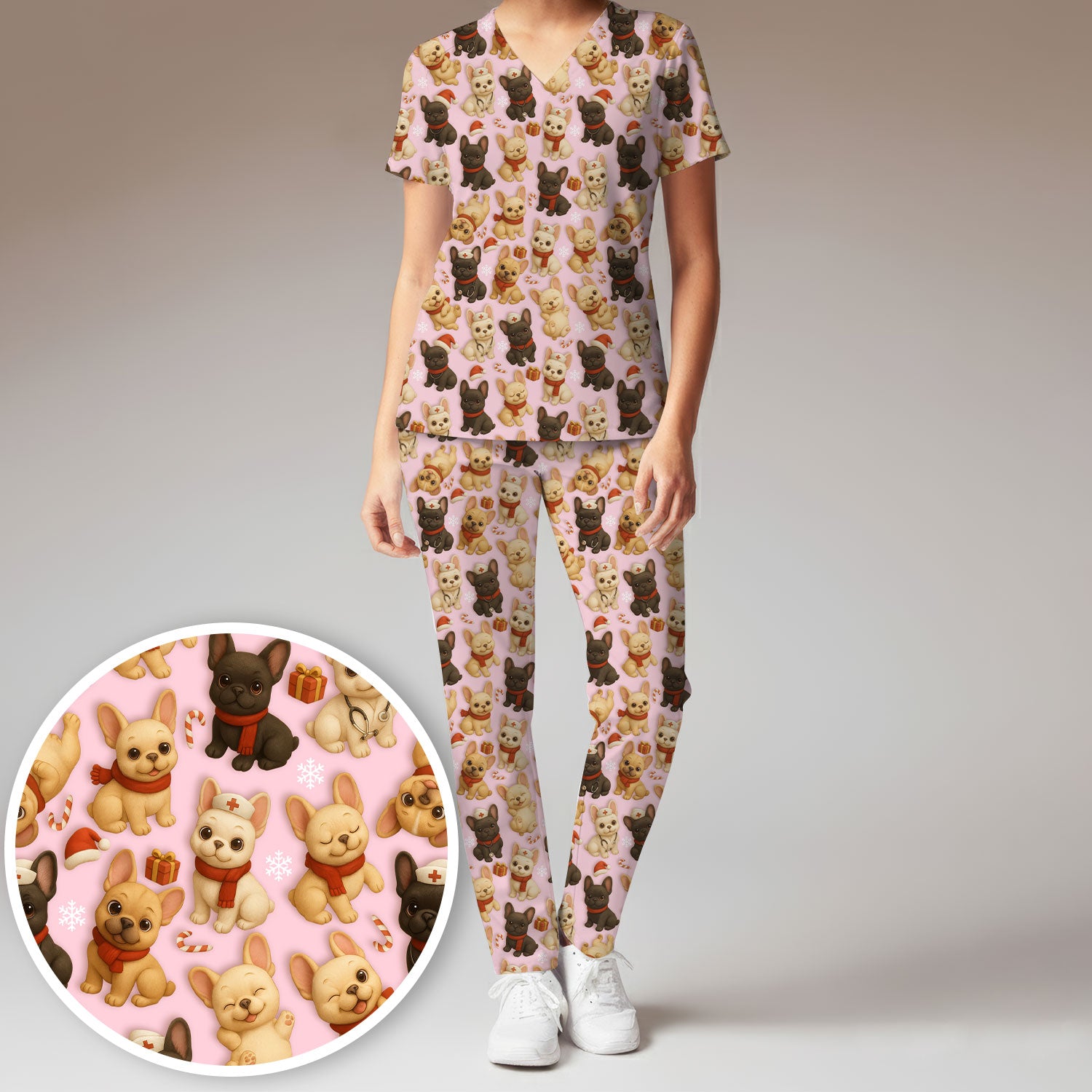 French Bulldog Scrubs Christmas Nurse Set - Cute Holiday Dogs with Candy Canes, Snowflakes & Gifts - Fun Festive Christmas Scrubs for Women