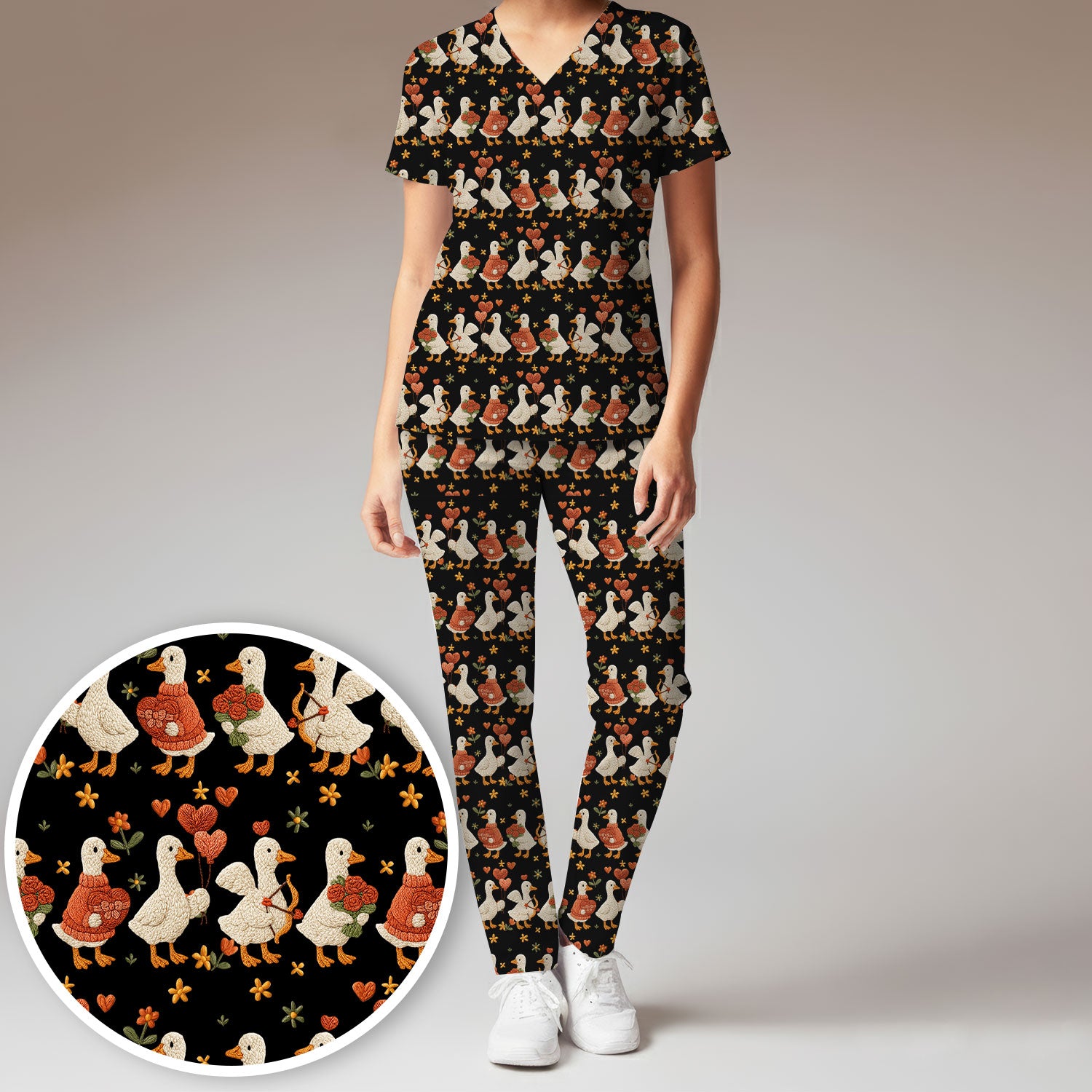 Cute Goose Nurse Scrub Set, Valentine Farm Medical Pattern Shirt, Breathable Fabrics Nursing Uniform