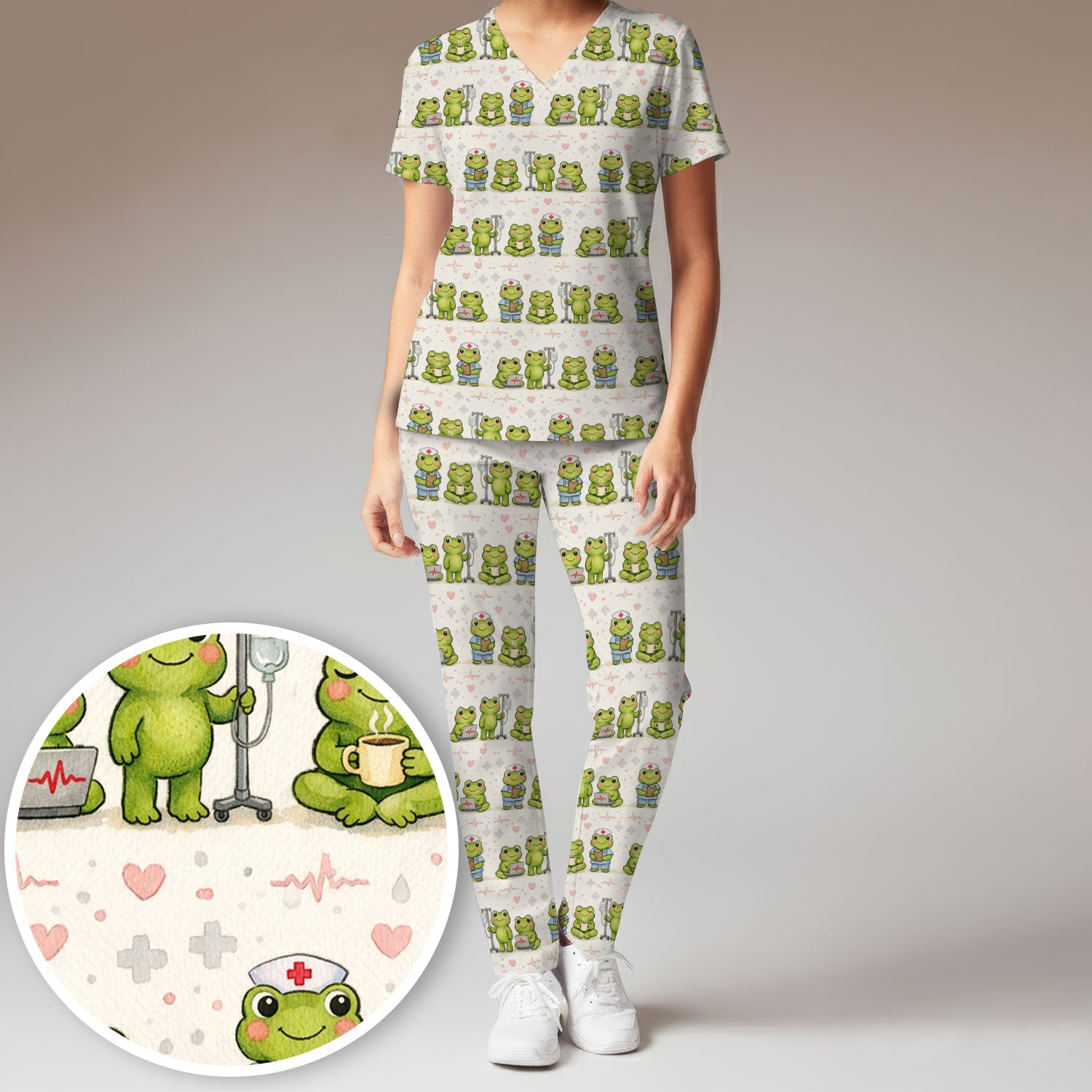 Adorable Frog Nurse Various Poses Print Scrub Set, Breathable Med Uniform