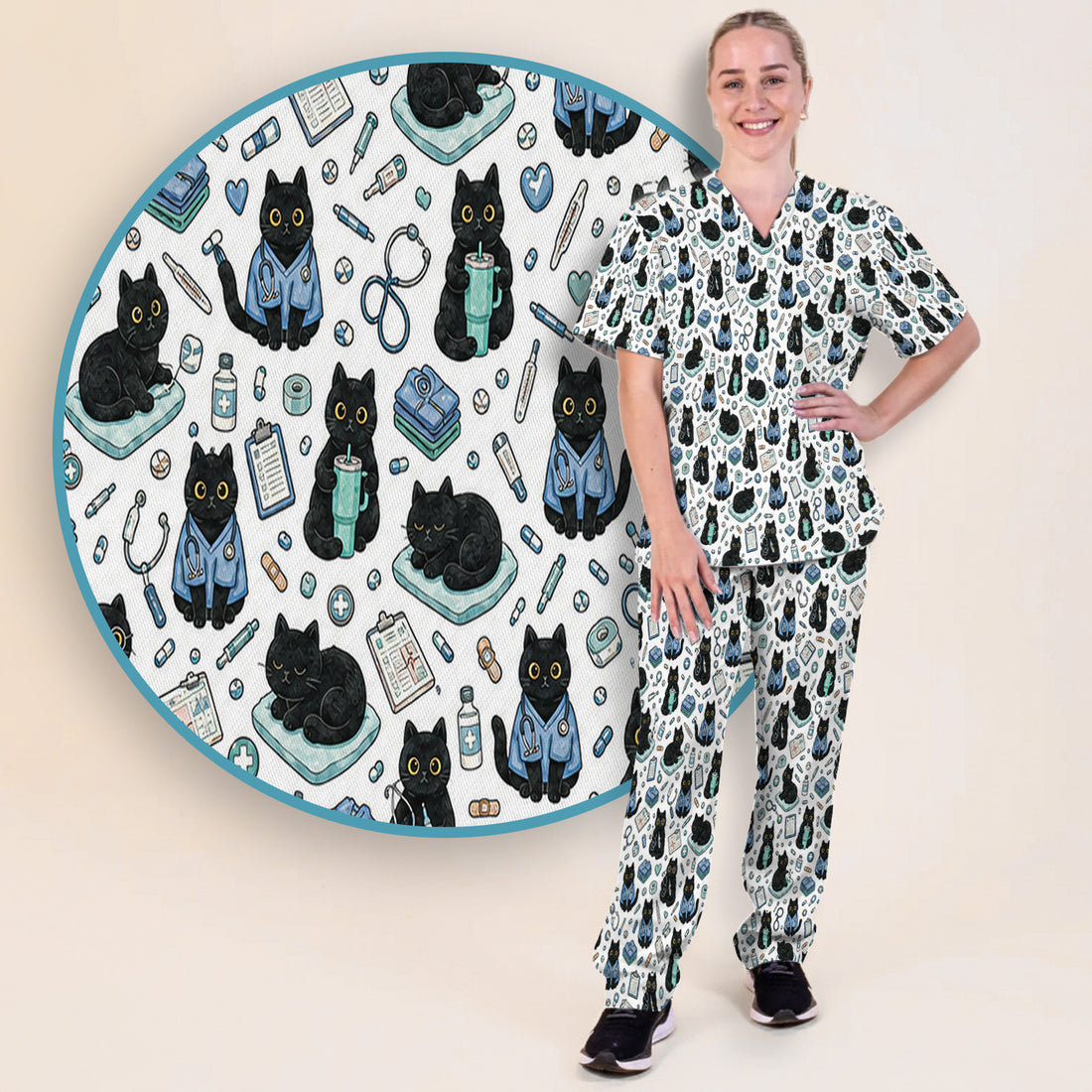 Black Cat Clinic Scrub Set, Scrub Pants and V Neck Top