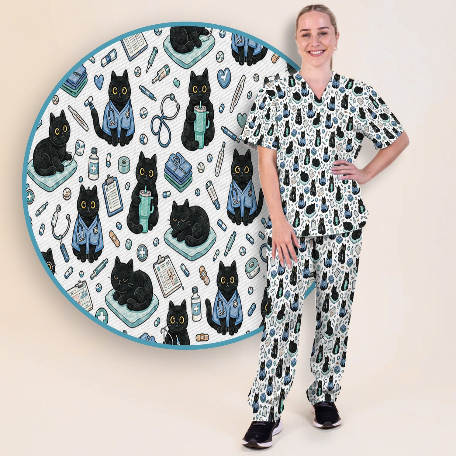 Black Cat Clinic Scrub Set, Scrub Pants and V Neck Top